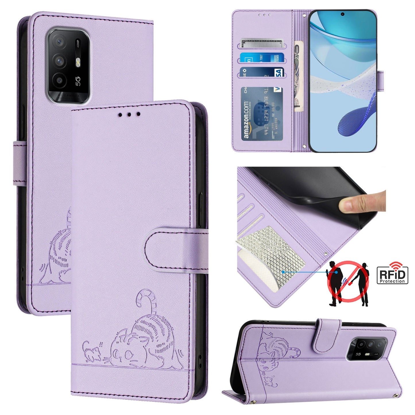 OPPO A95 4G Global Cat and Rat Embossed Pattern, RFID Leather Phone Case with Lanyard, Kickstand, and Wallet Features