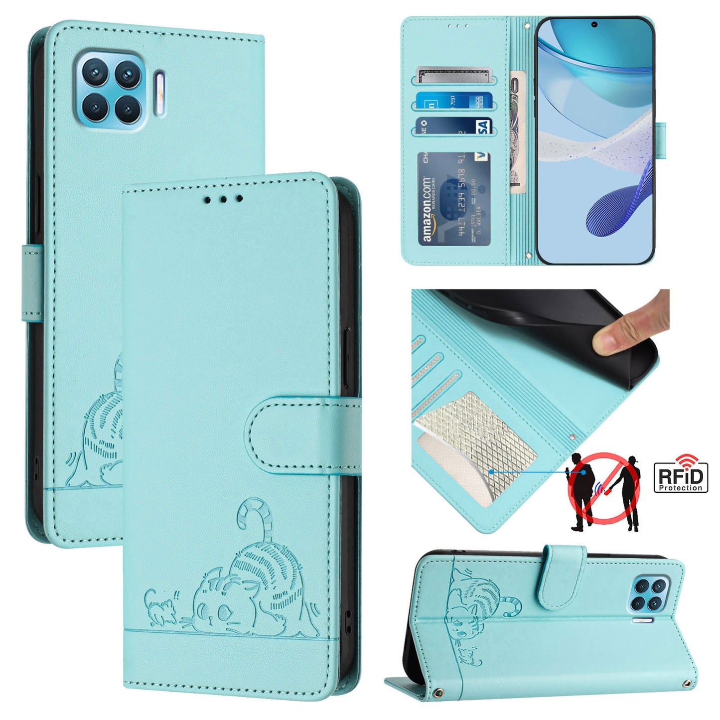 OPPO F17 Pro Cat and Rat Embossed Pattern, RFID Leather Phone Case with Lanyard, Kickstand, and Wallet Features