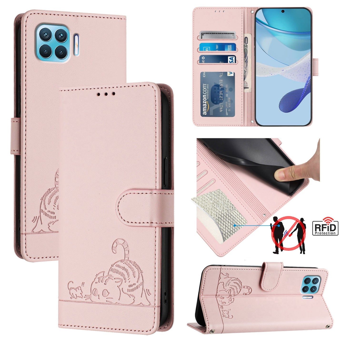 OPPO F17 Pro Cat and Rat Embossed Pattern, RFID Leather Phone Case with Lanyard, Kickstand, and Wallet Features