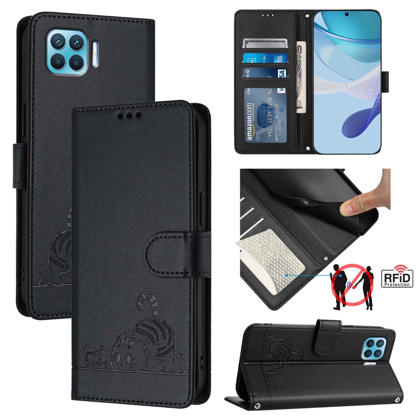 OPPO F17 Pro Cat and Rat Embossed Pattern, RFID Leather Phone Case with Lanyard, Kickstand, and Wallet Features