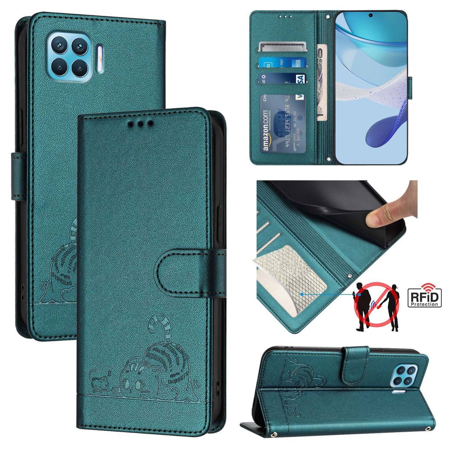OPPO F17 Pro Cat and Rat Embossed Pattern, RFID Leather Phone Case with Lanyard, Kickstand, and Wallet Features