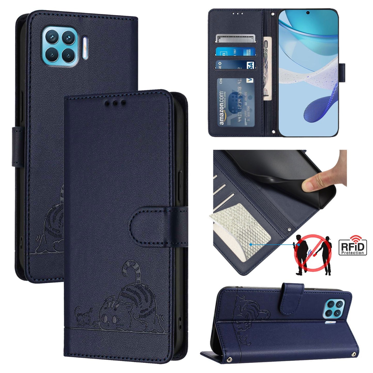 OPPO F17 Pro Cat and Rat Embossed Pattern, RFID Leather Phone Case with Lanyard, Kickstand, and Wallet Features