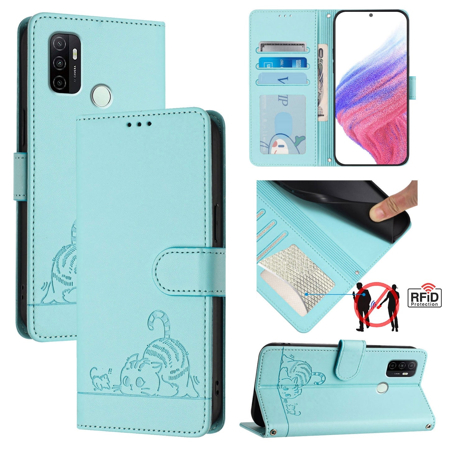 For OPPO A32 2020 4G Cat and Rat Embossed Pattern, RFID Leather Phone Case with Lanyard, Kickstand, and Wallet Features