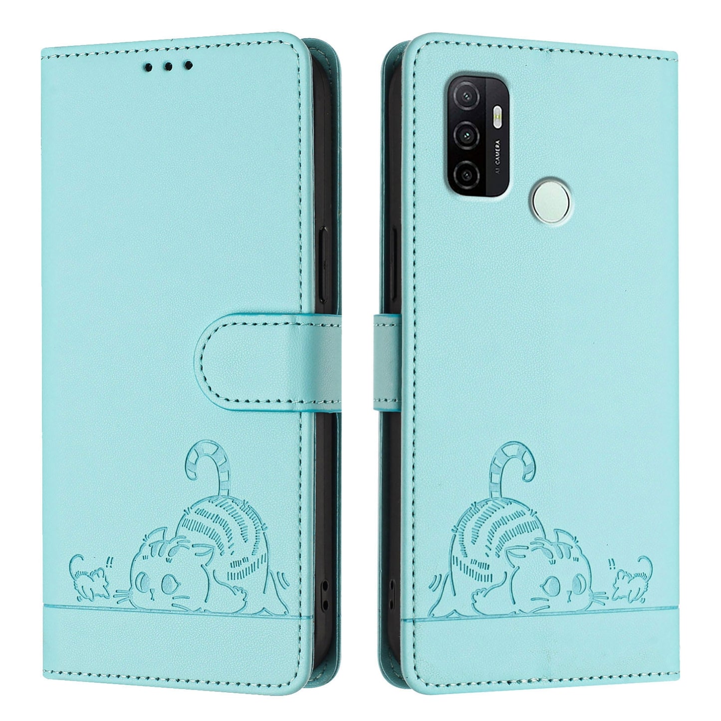 For OPPO A32 2020 4G Cat and Rat Embossed Pattern, RFID Leather Phone Case with Lanyard, Kickstand, and Wallet Features
