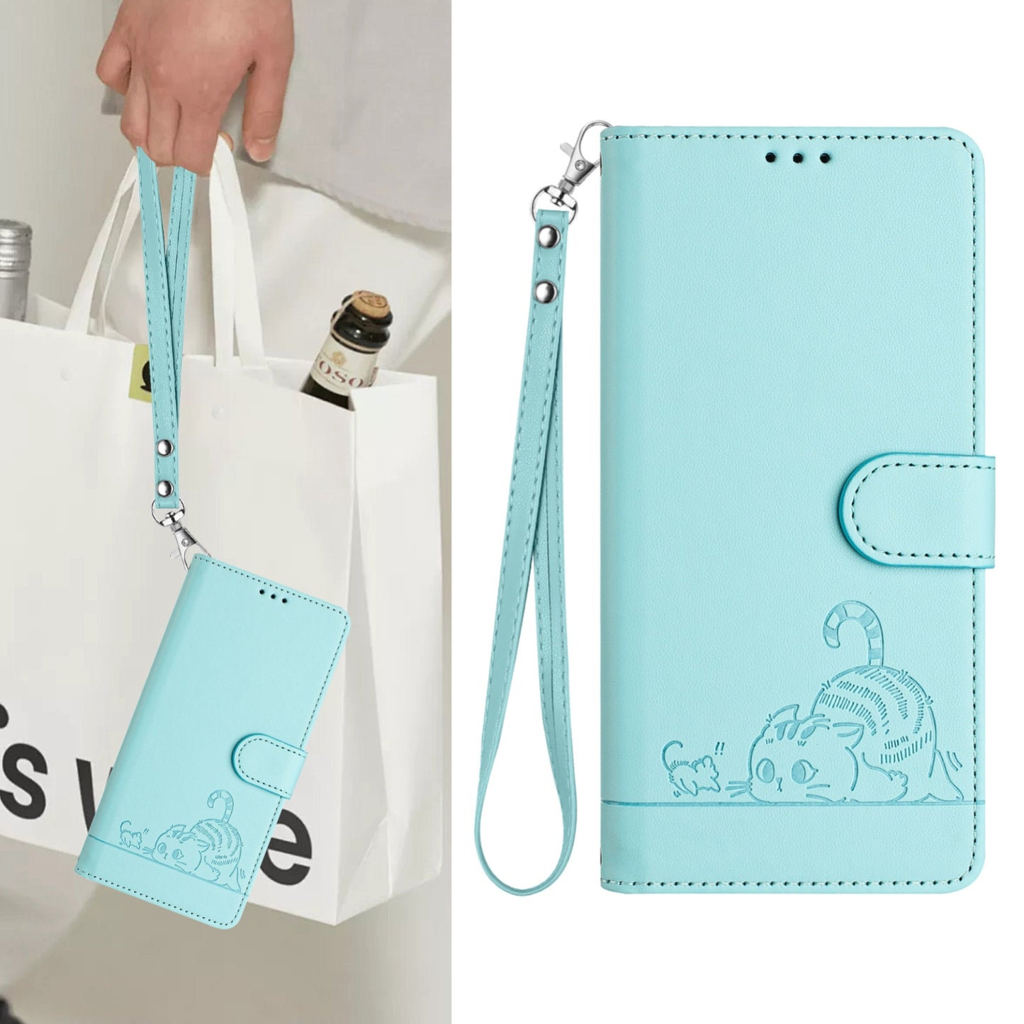 For OPPO A32 2020 4G Cat and Rat Embossed Pattern, RFID Leather Phone Case with Lanyard, Kickstand, and Wallet Features