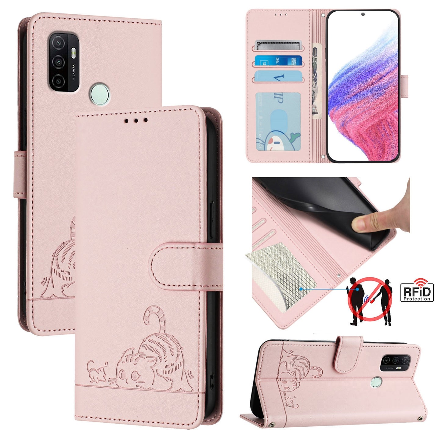 For OPPO A32 2020 4G Cat and Rat Embossed Pattern, RFID Leather Phone Case with Lanyard, Kickstand, and Wallet Features