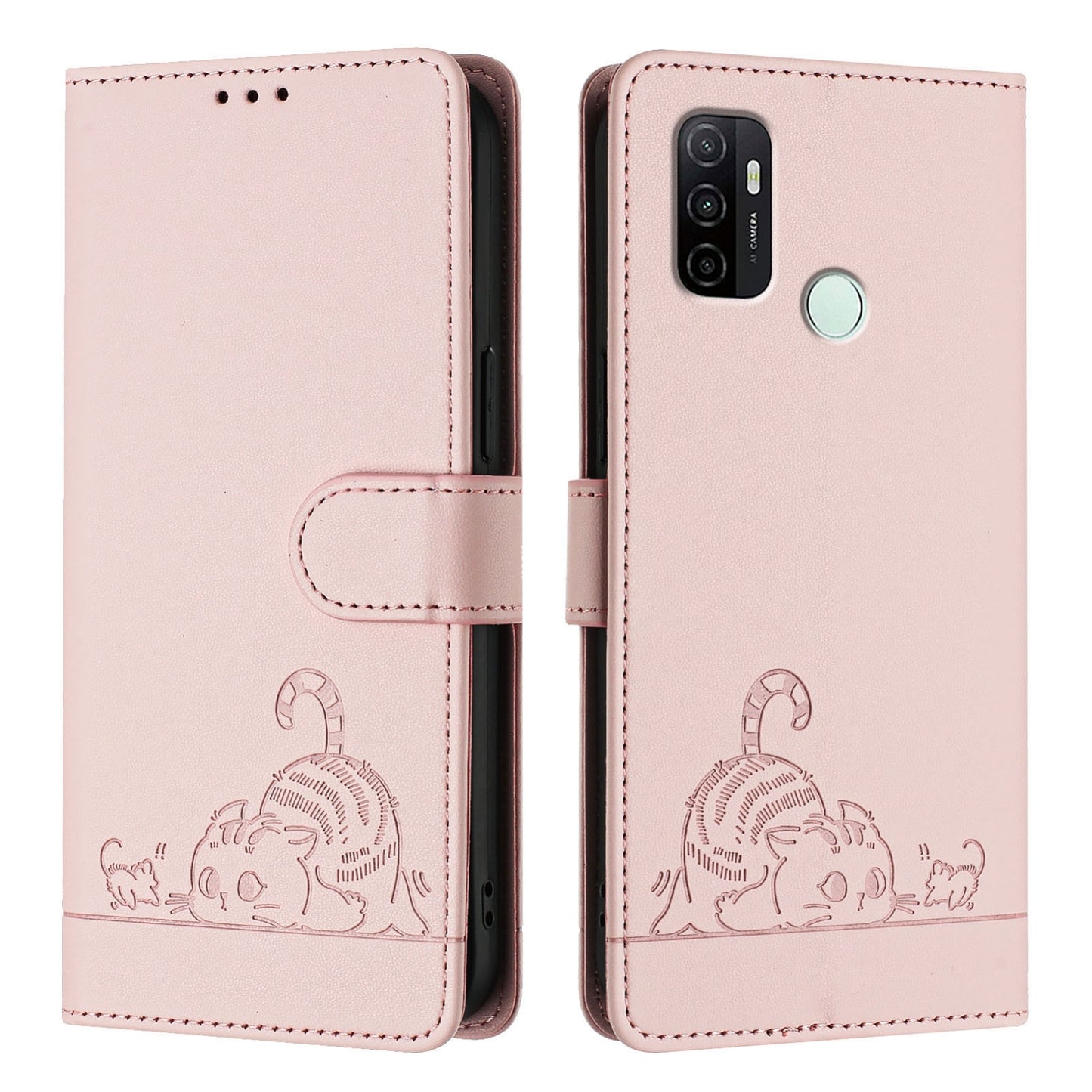 For OPPO A32 2020 4G Cat and Rat Embossed Pattern, RFID Leather Phone Case with Lanyard, Kickstand, and Wallet Features