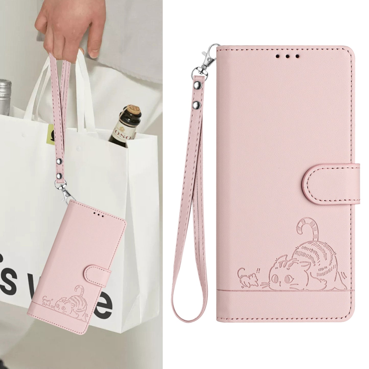 For OPPO A32 2020 4G Cat and Rat Embossed Pattern, RFID Leather Phone Case with Lanyard, Kickstand, and Wallet Features