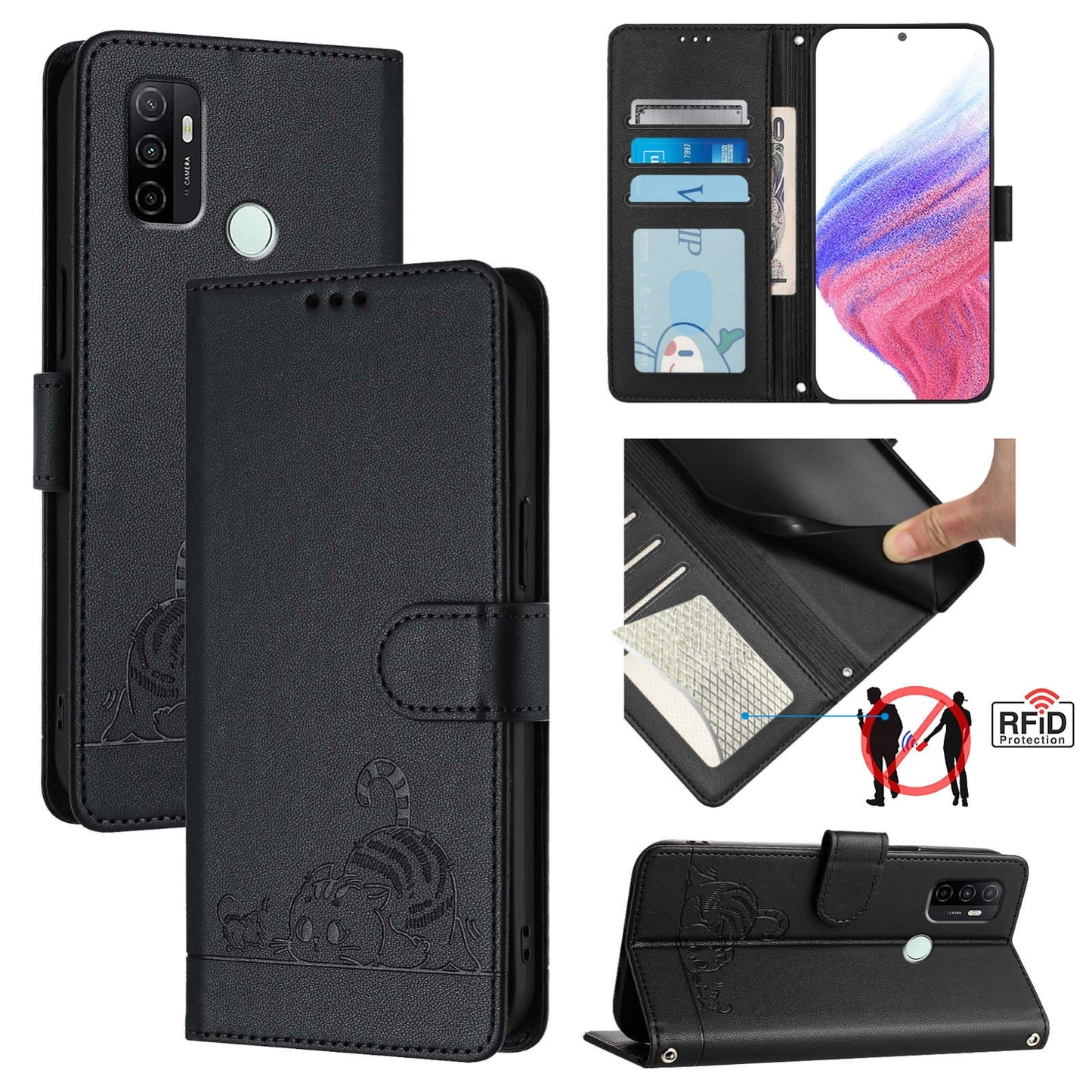 For OPPO A32 2020 4G Cat and Rat Embossed Pattern, RFID Leather Phone Case with Lanyard, Kickstand, and Wallet Features