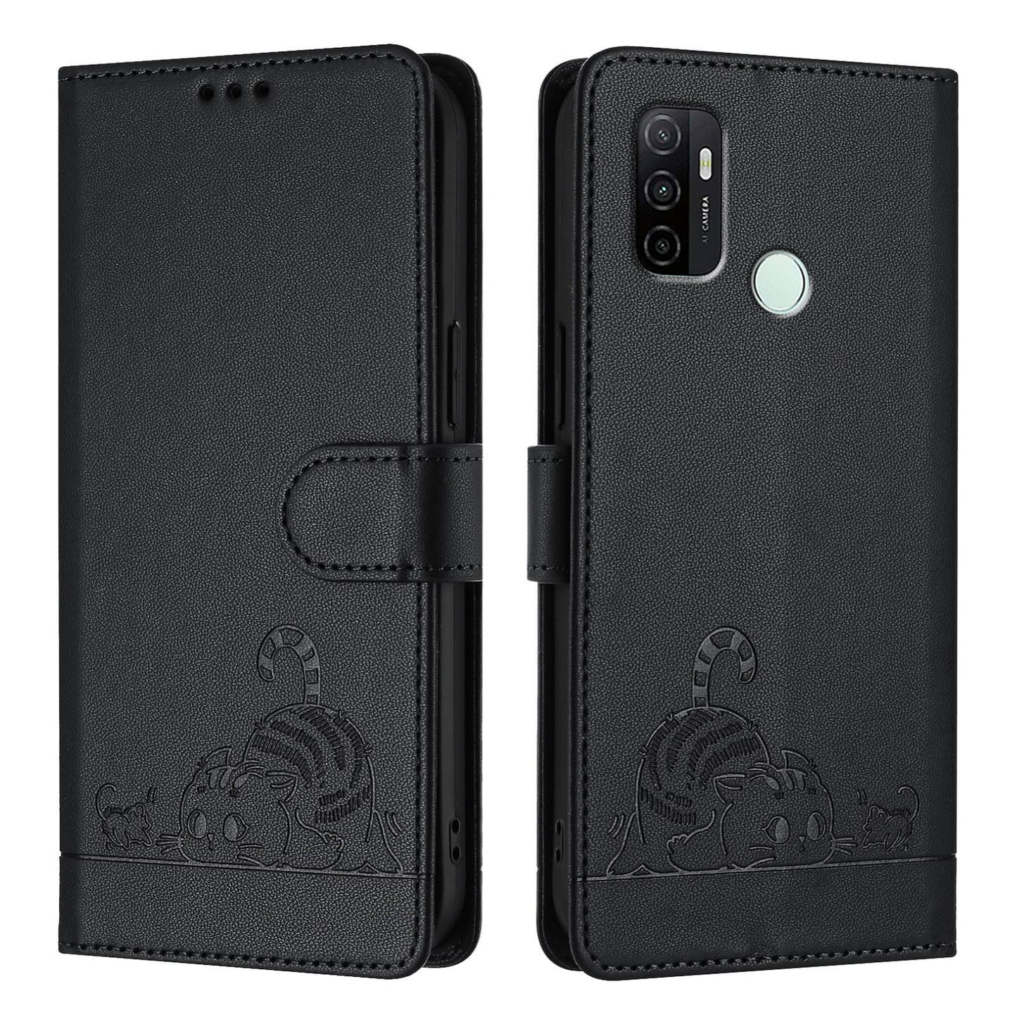 For OPPO A32 2020 4G Cat and Rat Embossed Pattern, RFID Leather Phone Case with Lanyard, Kickstand, and Wallet Features