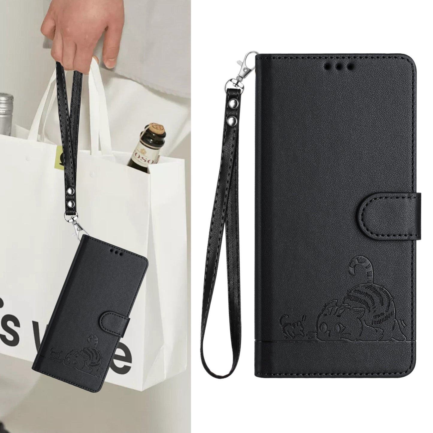 For OPPO A32 2020 4G Cat and Rat Embossed Pattern, RFID Leather Phone Case with Lanyard, Kickstand, and Wallet Features