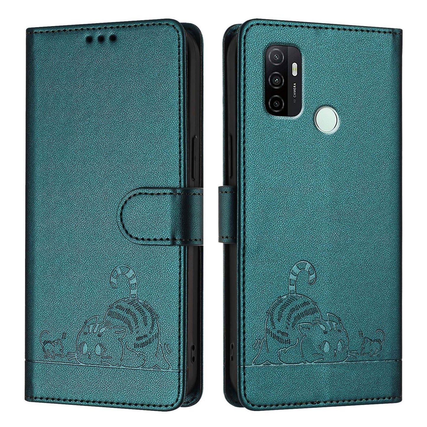 For OPPO A32 2020 4G Cat and Rat Embossed Pattern, RFID Leather Phone Case with Lanyard, Kickstand, and Wallet Features