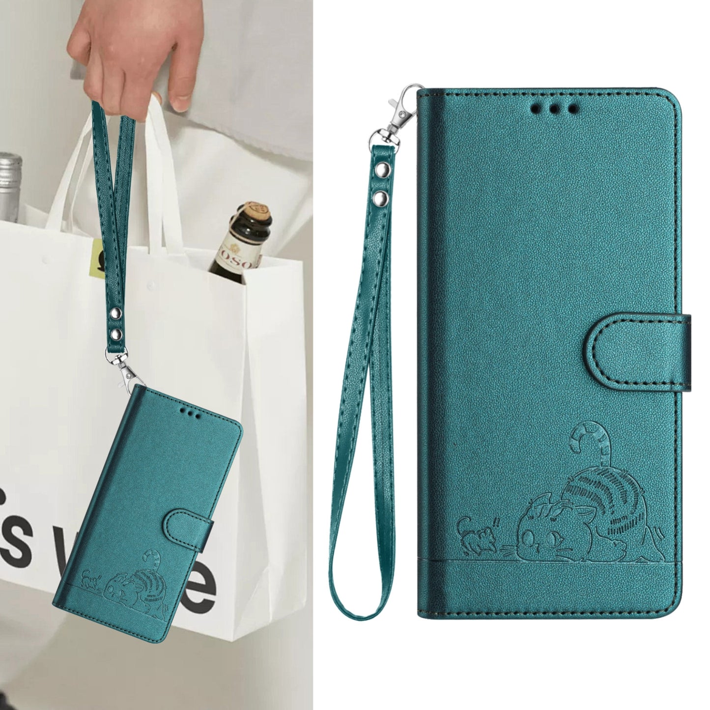 For OPPO A32 2020 4G Cat and Rat Embossed Pattern, RFID Leather Phone Case with Lanyard, Kickstand, and Wallet Features