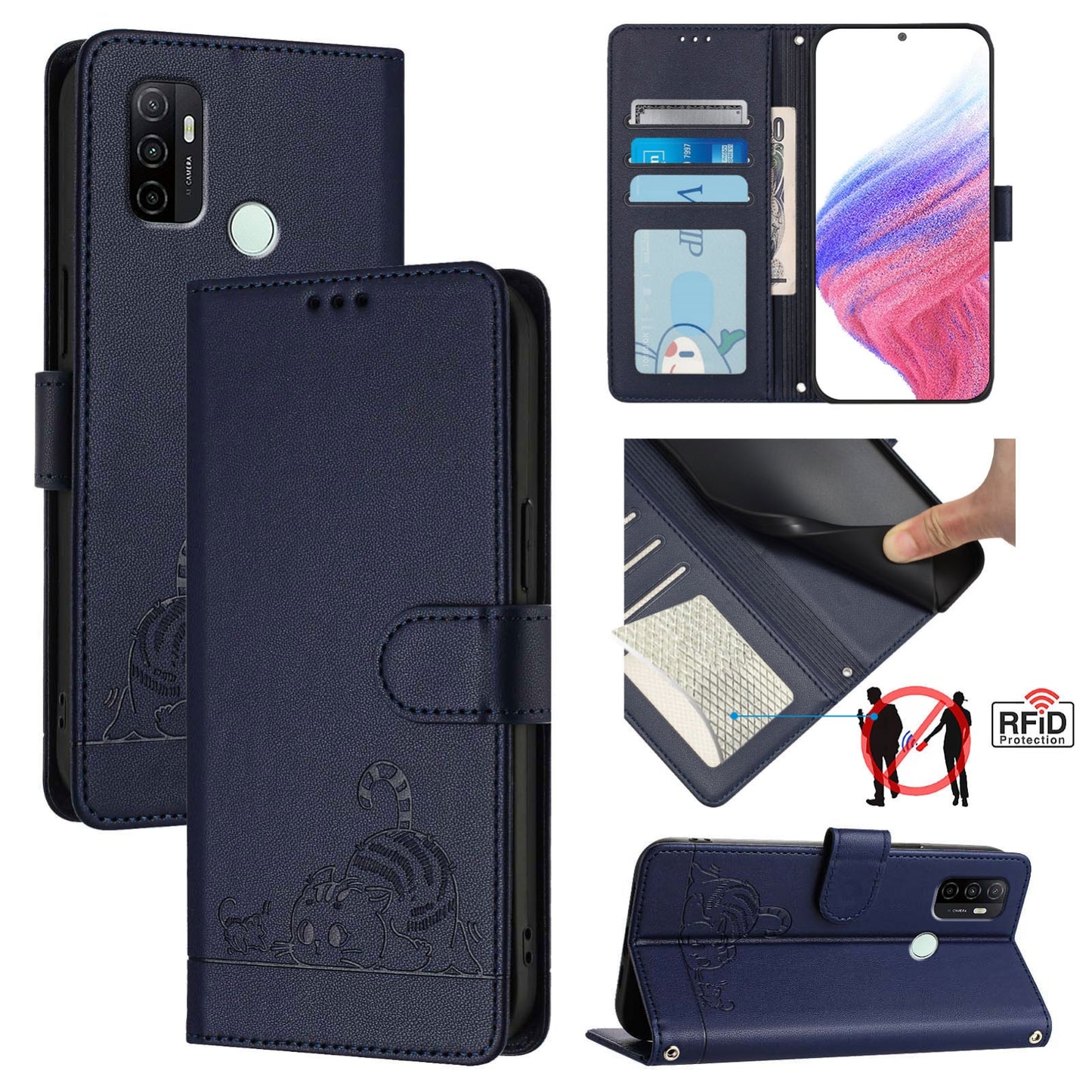 For OPPO A32 2020 4G Cat and Rat Embossed Pattern, RFID Leather Phone Case with Lanyard, Kickstand, and Wallet Features