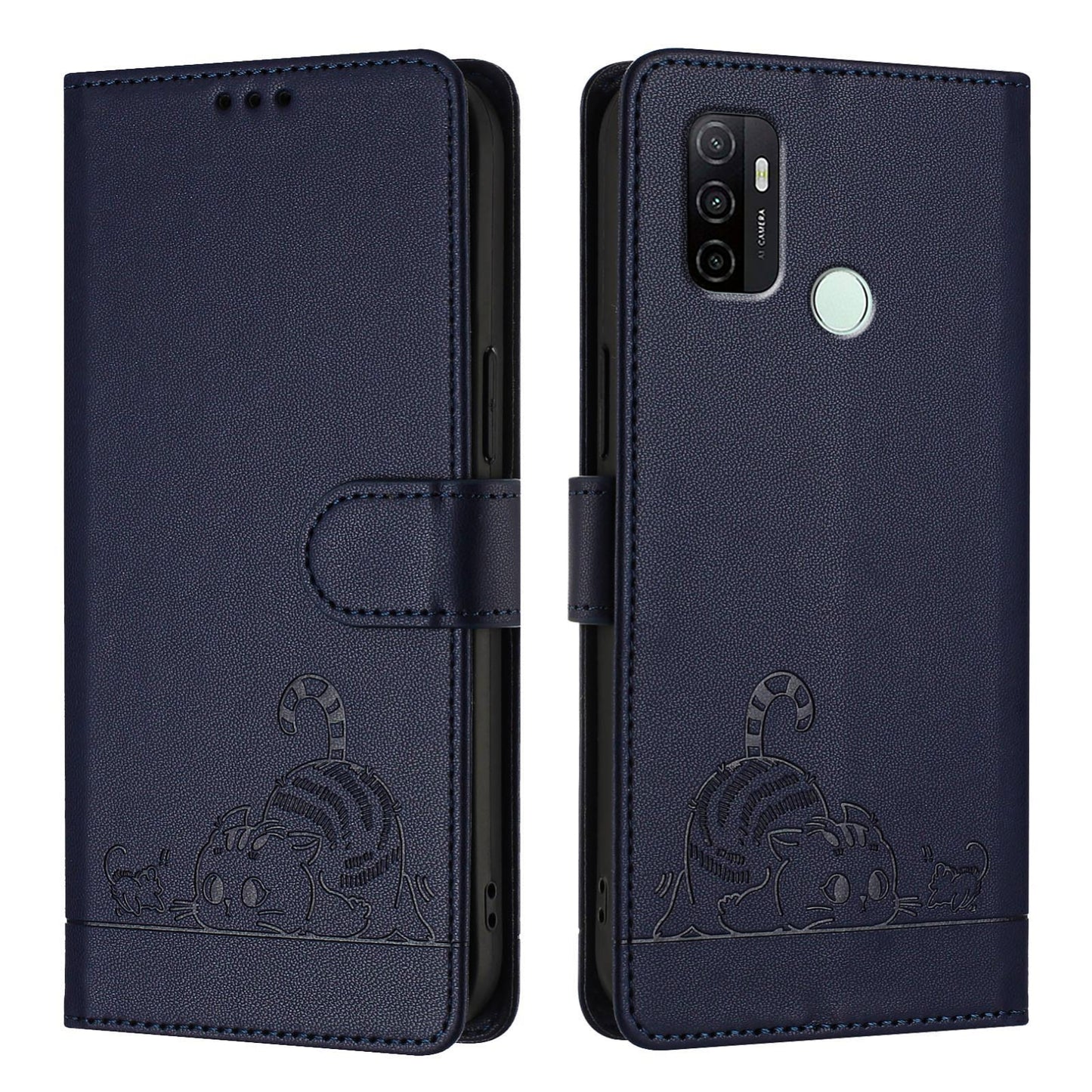For OPPO A32 2020 4G Cat and Rat Embossed Pattern, RFID Leather Phone Case with Lanyard, Kickstand, and Wallet Features