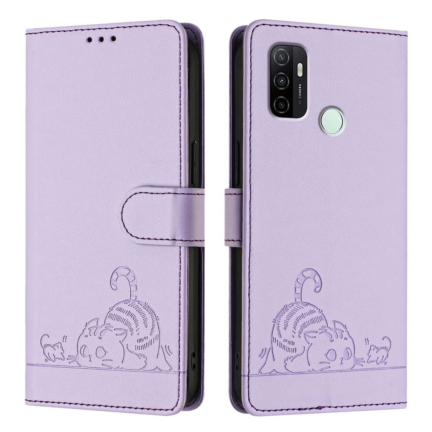 For OPPO A32 2020 4G Cat and Rat Embossed Pattern, RFID Leather Phone Case with Lanyard, Kickstand, and Wallet Features