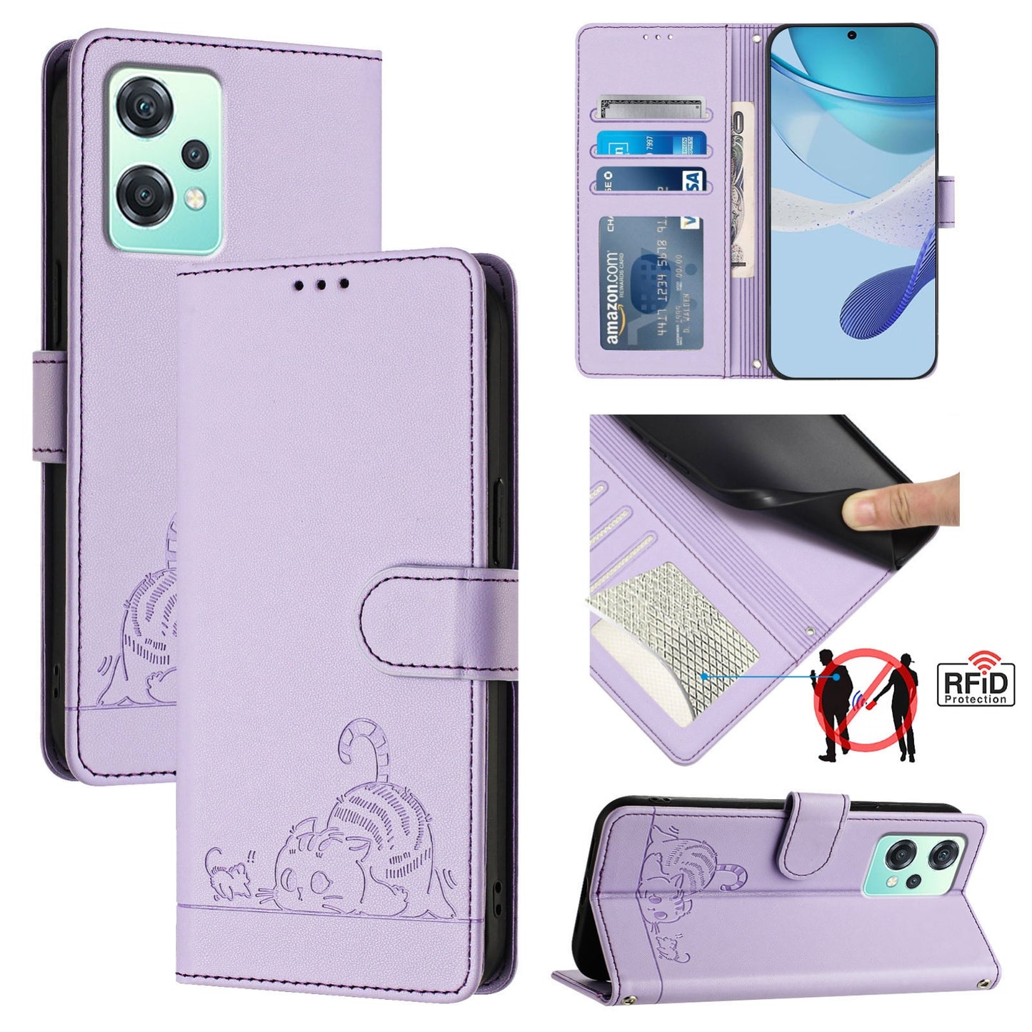 Realme 9 5G EU Version Cat and Rat Embossed Pattern, RFID Leather Phone Case with Lanyard, Kickstand, and Wallet Features