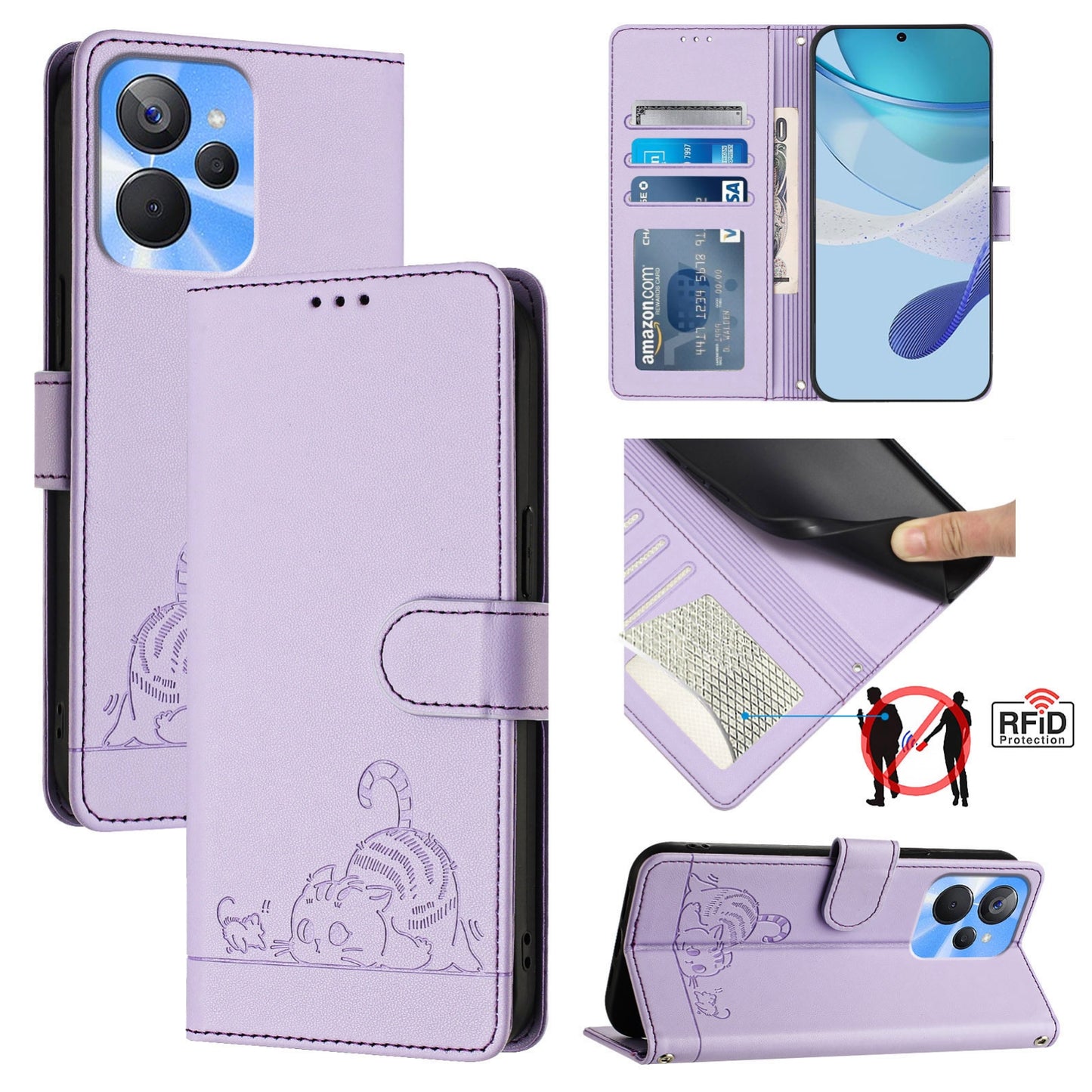For Realme 10S 5G Cat and Rat Embossed Pattern, RFID Leather Phone Case with Lanyard, Kickstand, and Wallet Features