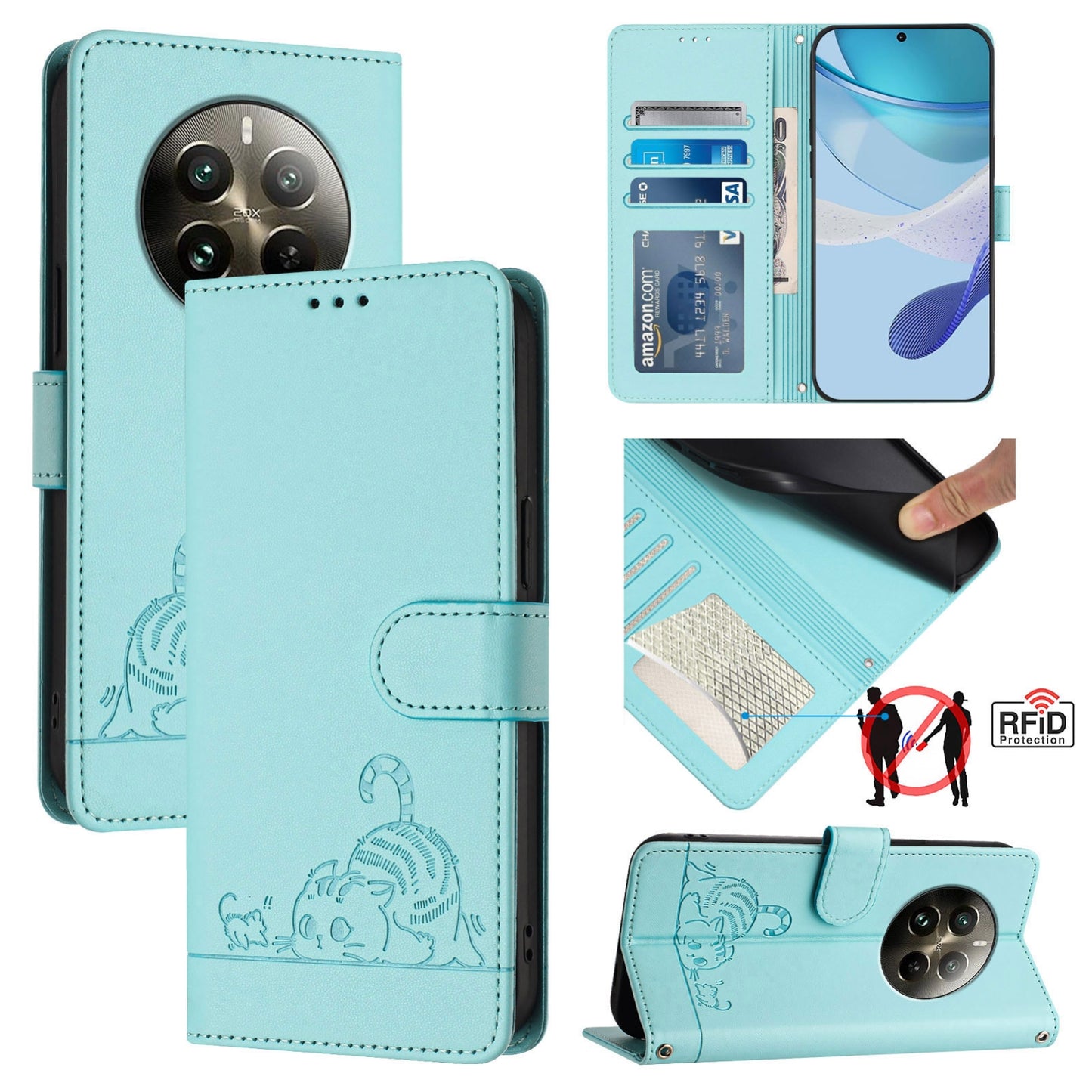 For Realme 12 Pro 5G Global Cat and Rat Embossed Pattern, RFID Leather Phone Case with Lanyard, Kickstand, and Wallet Features