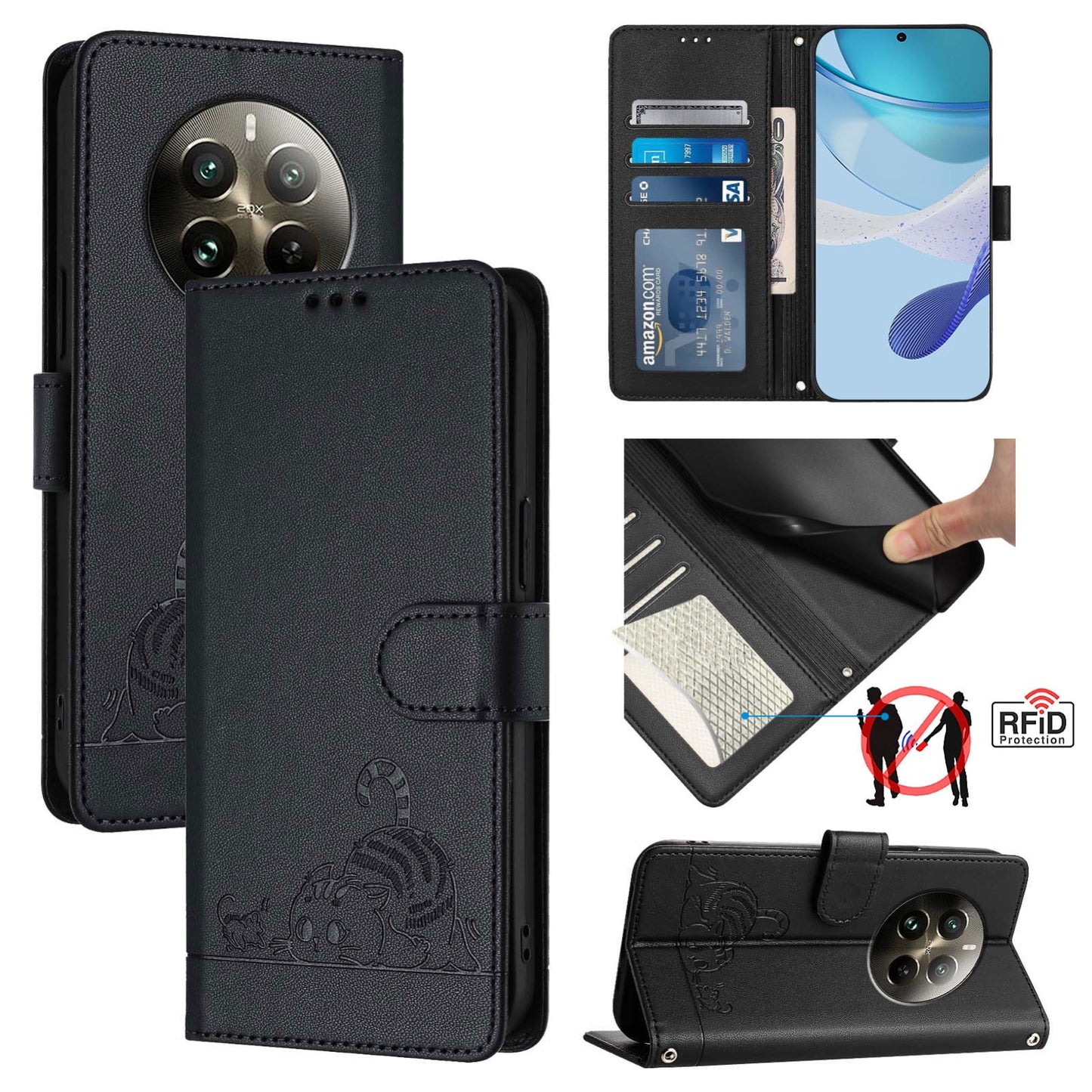 For Realme 12 Pro 5G Global Cat and Rat Embossed Pattern, RFID Leather Phone Case with Lanyard, Kickstand, and Wallet Features