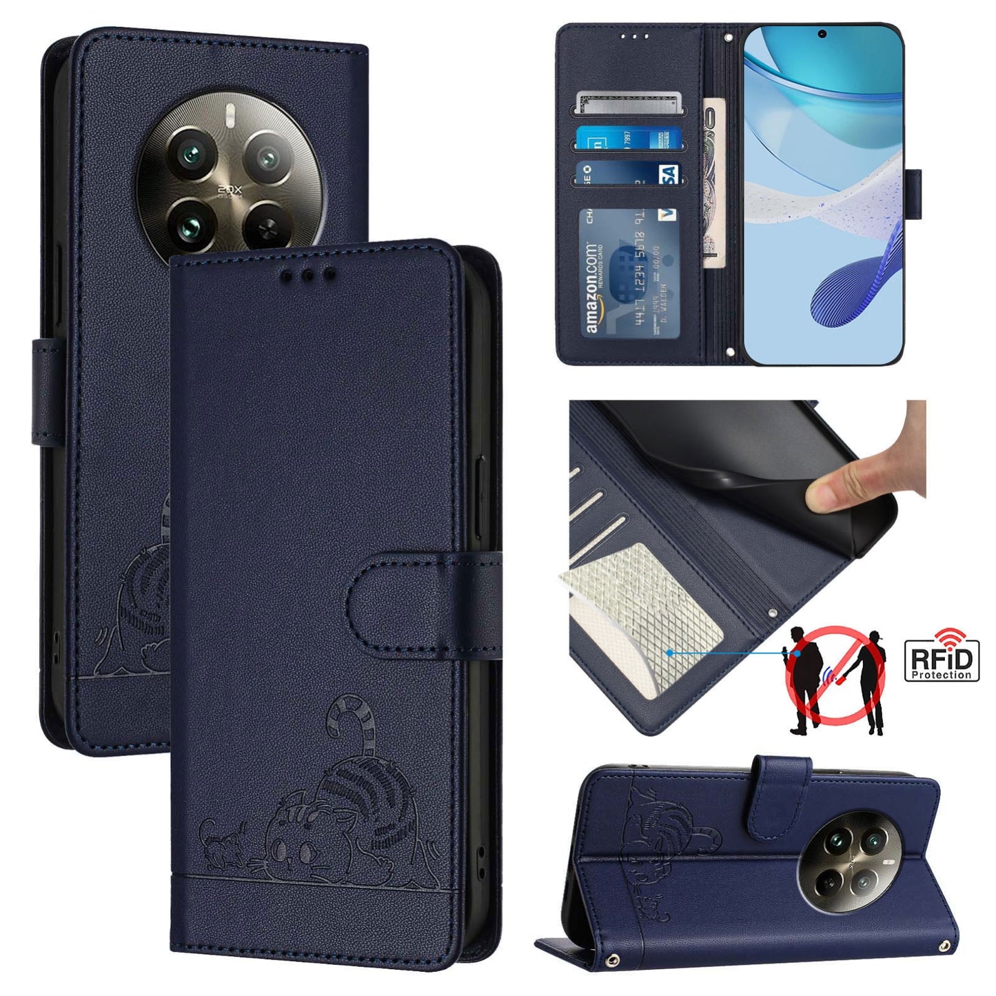 For Realme 12 Pro 5G Global Cat and Rat Embossed Pattern, RFID Leather Phone Case with Lanyard, Kickstand, and Wallet Features