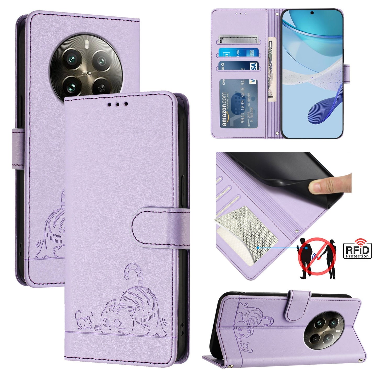 For Realme 12 Pro 5G Global Cat and Rat Embossed Pattern, RFID Leather Phone Case with Lanyard, Kickstand, and Wallet Features