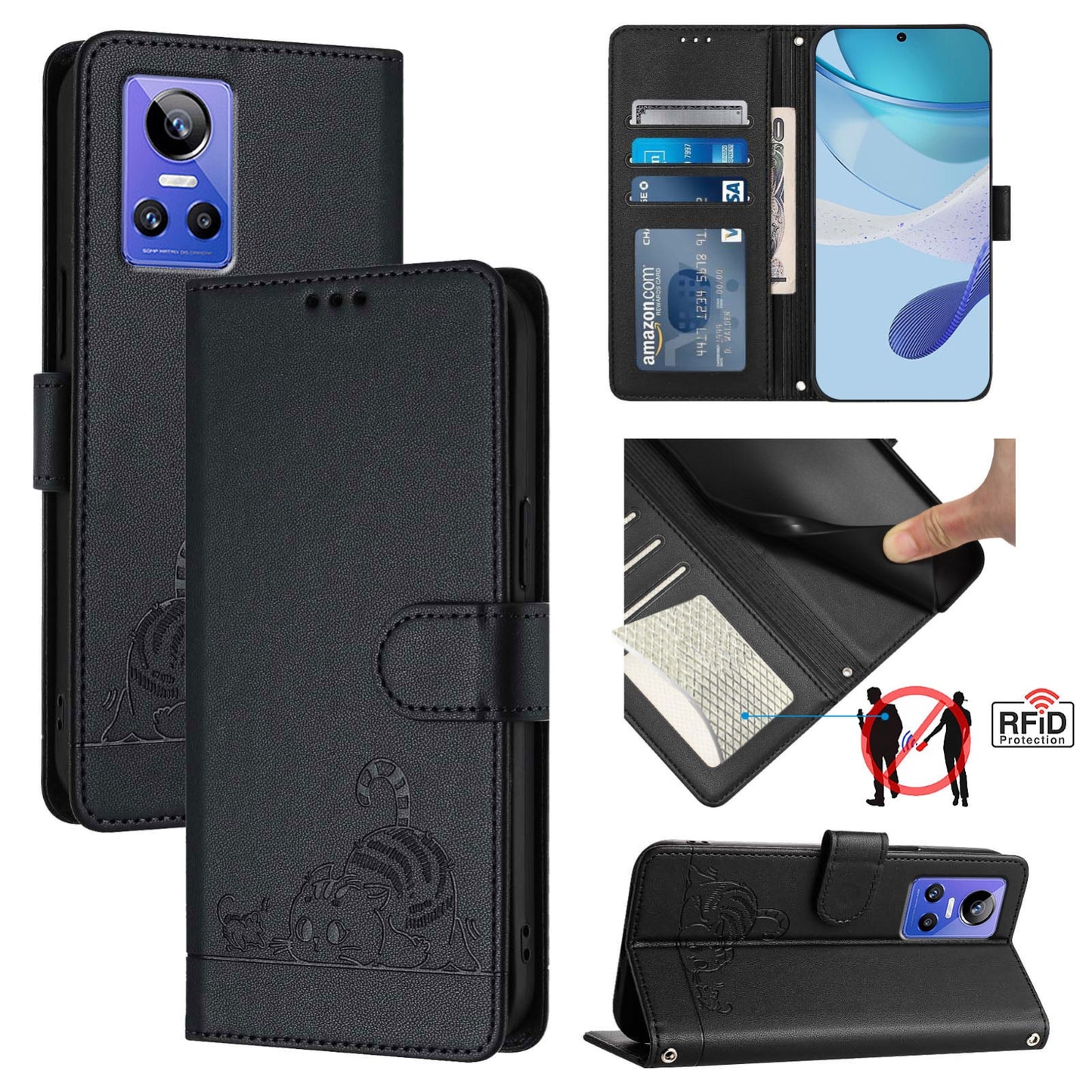 Realme GT NEO3 Cat and Rat Embossed Pattern, RFID Leather Phone Case with Lanyard, Kickstand, and Wallet Features