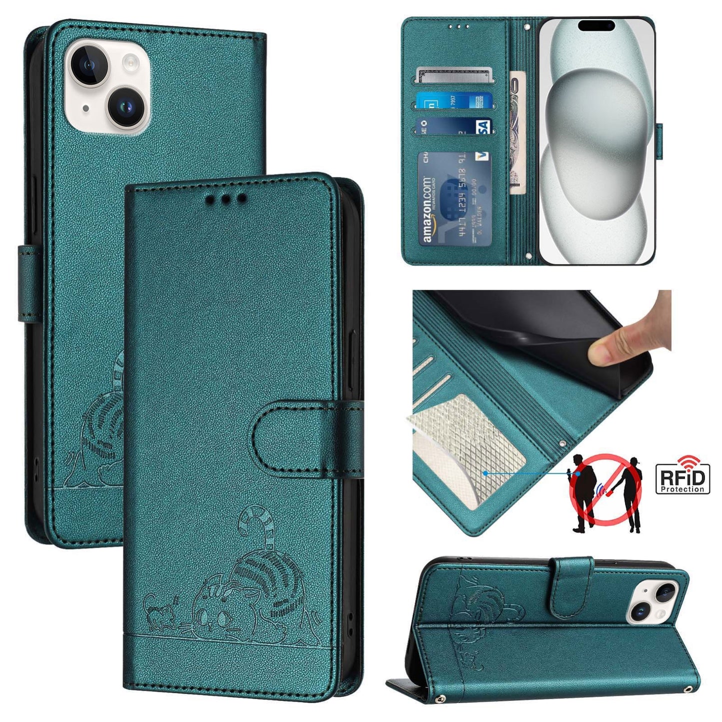 For iPhone 14 Plus Cat and Rat Embossed Pattern, RFID Leather Phone Case with Lanyard, Kickstand, and Wallet Features