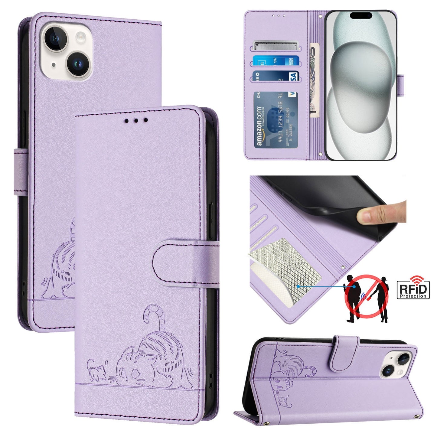 For iPhone 14 Plus Cat and Rat Embossed Pattern, RFID Leather Phone Case with Lanyard, Kickstand, and Wallet Features