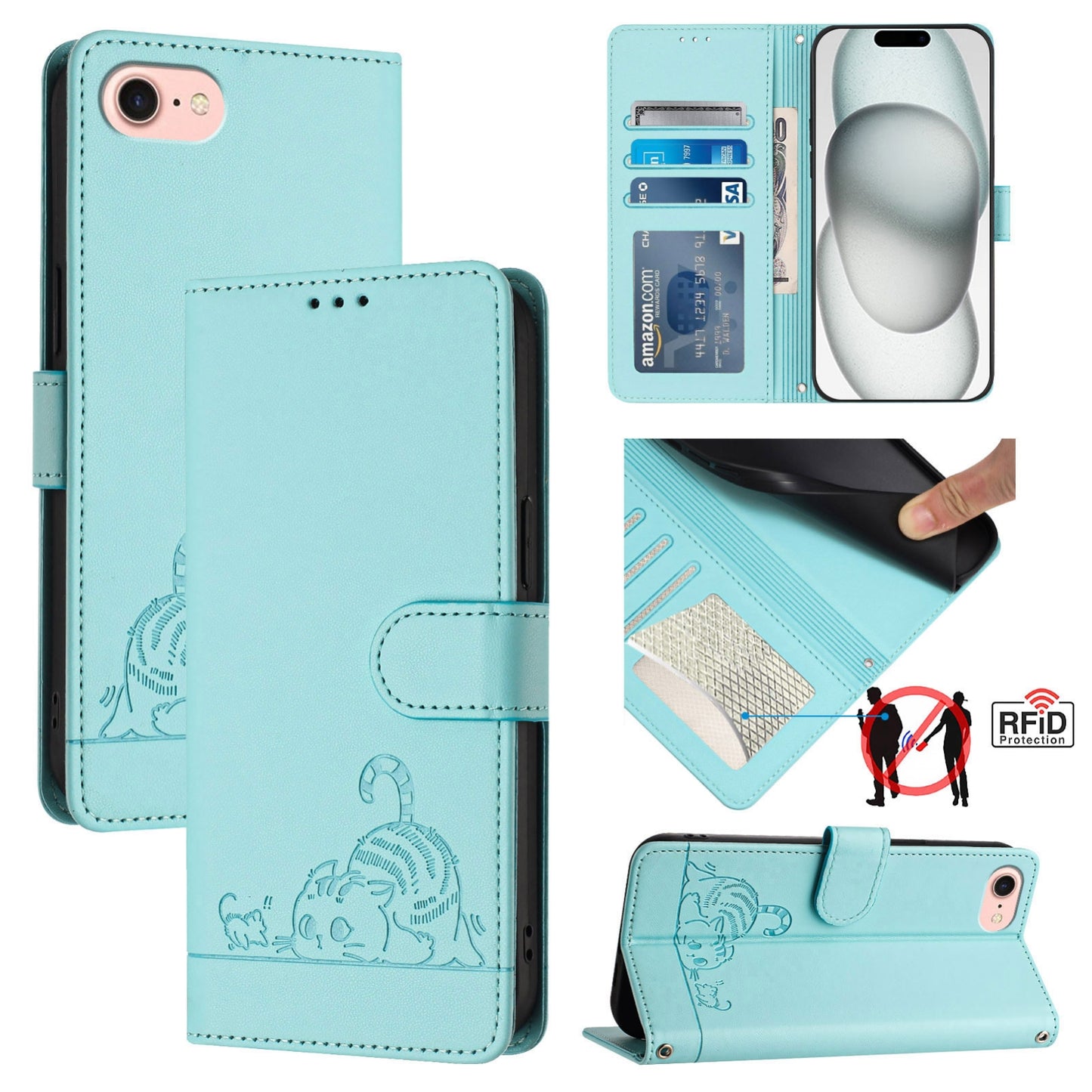 For iPhone SE 2022 Cat and Rat Embossed Pattern, RFID Leather Phone Case with Lanyard, Kickstand, and Wallet Features
