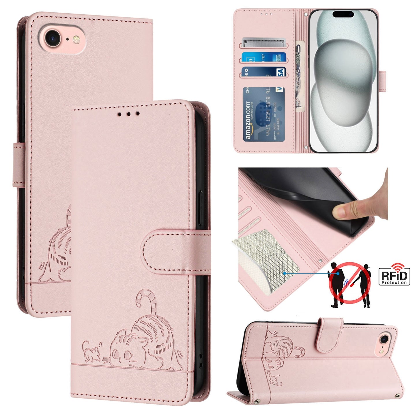 For iPhone SE 2022 Cat and Rat Embossed Pattern, RFID Leather Phone Case with Lanyard, Kickstand, and Wallet Features