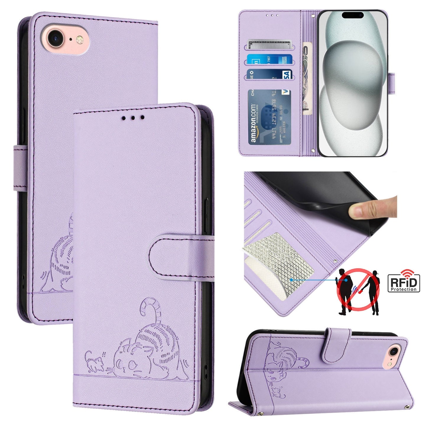 For iPhone SE 2022 Cat and Rat Embossed Pattern, RFID Leather Phone Case with Lanyard, Kickstand, and Wallet Features