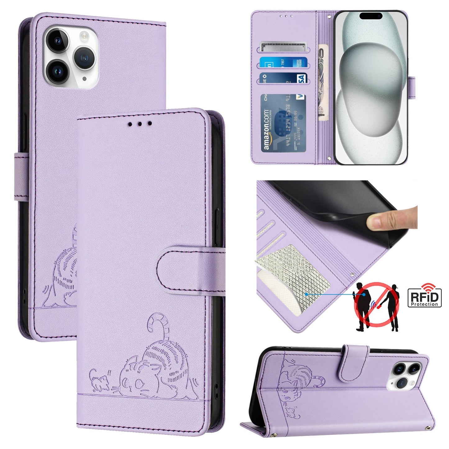 iPhone 11 Pro Cat and Rat Embossed Pattern, RFID Leather Phone Case with Lanyard, Kickstand, and Wallet Features