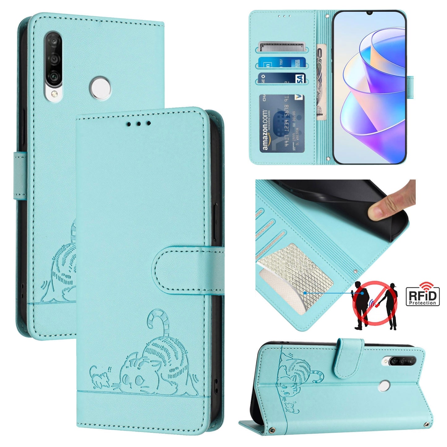 For Huawei P30 Lite Cat and Rat Embossed Pattern, RFID Leather Phone Case with Lanyard, Kickstand, and Wallet Features