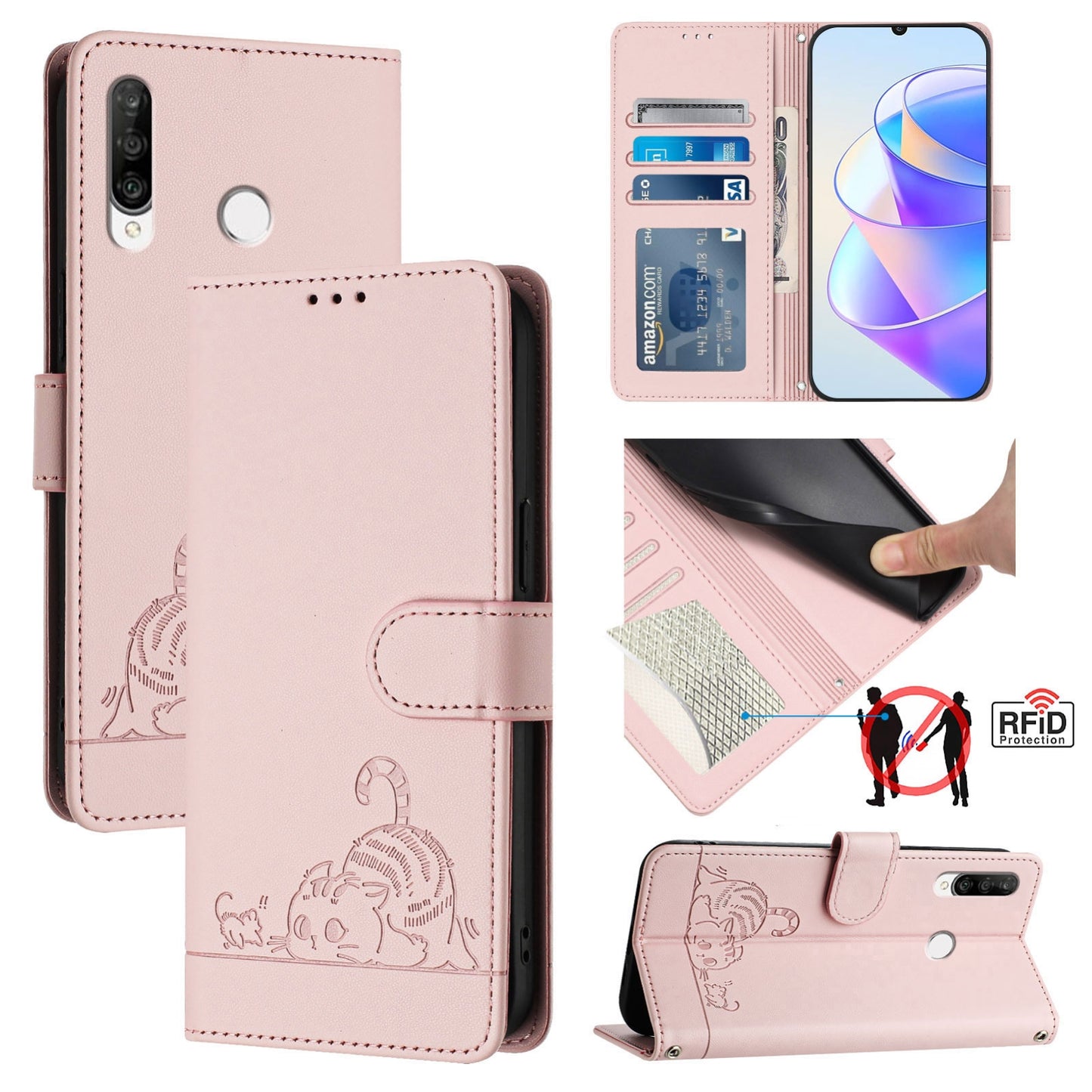 For Huawei P30 Lite Cat and Rat Embossed Pattern, RFID Leather Phone Case with Lanyard, Kickstand, and Wallet Features