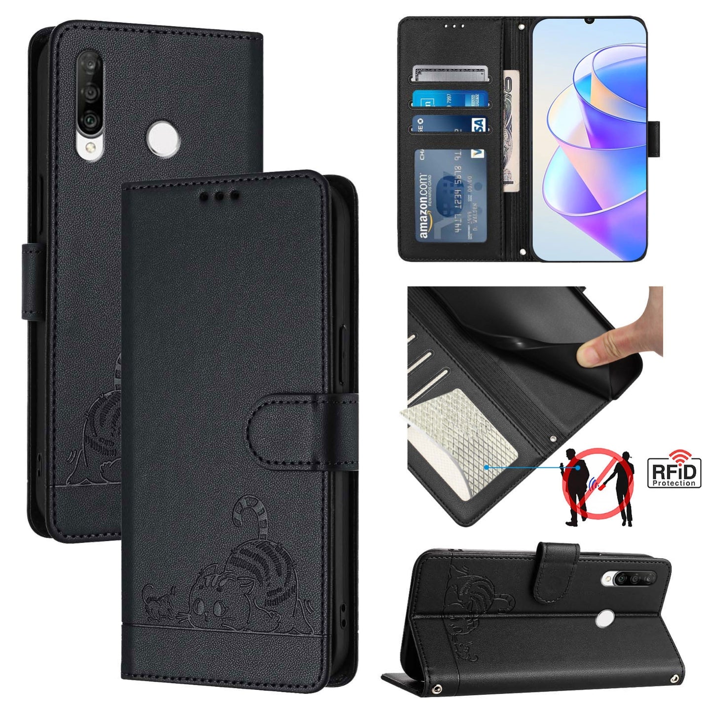 For Huawei P30 Lite Cat and Rat Embossed Pattern, RFID Leather Phone Case with Lanyard, Kickstand, and Wallet Features