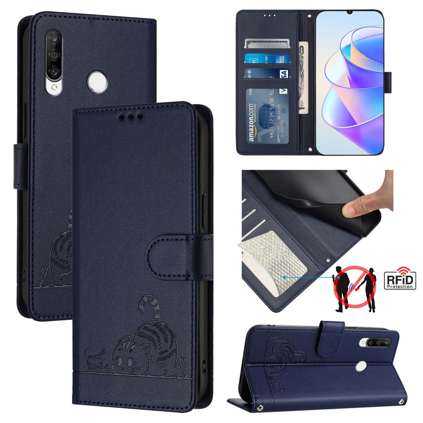 For Huawei P30 Lite Cat and Rat Embossed Pattern, RFID Leather Phone Case with Lanyard, Kickstand, and Wallet Features