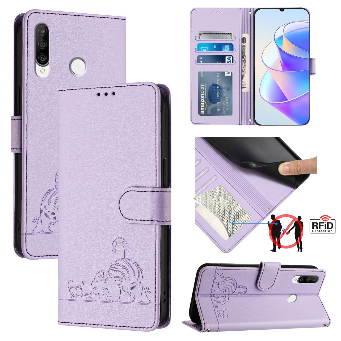 For Huawei P30 Lite Cat and Rat Embossed Pattern, RFID Leather Phone Case with Lanyard, Kickstand, and Wallet Features