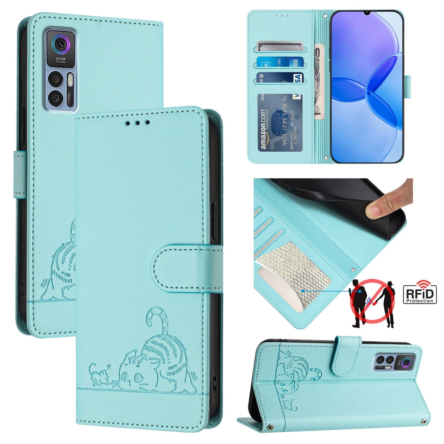 For TCL 30+ Cat and Rat Embossed Pattern, RFID Leather Phone Case with Lanyard, Kickstand, and Wallet Features