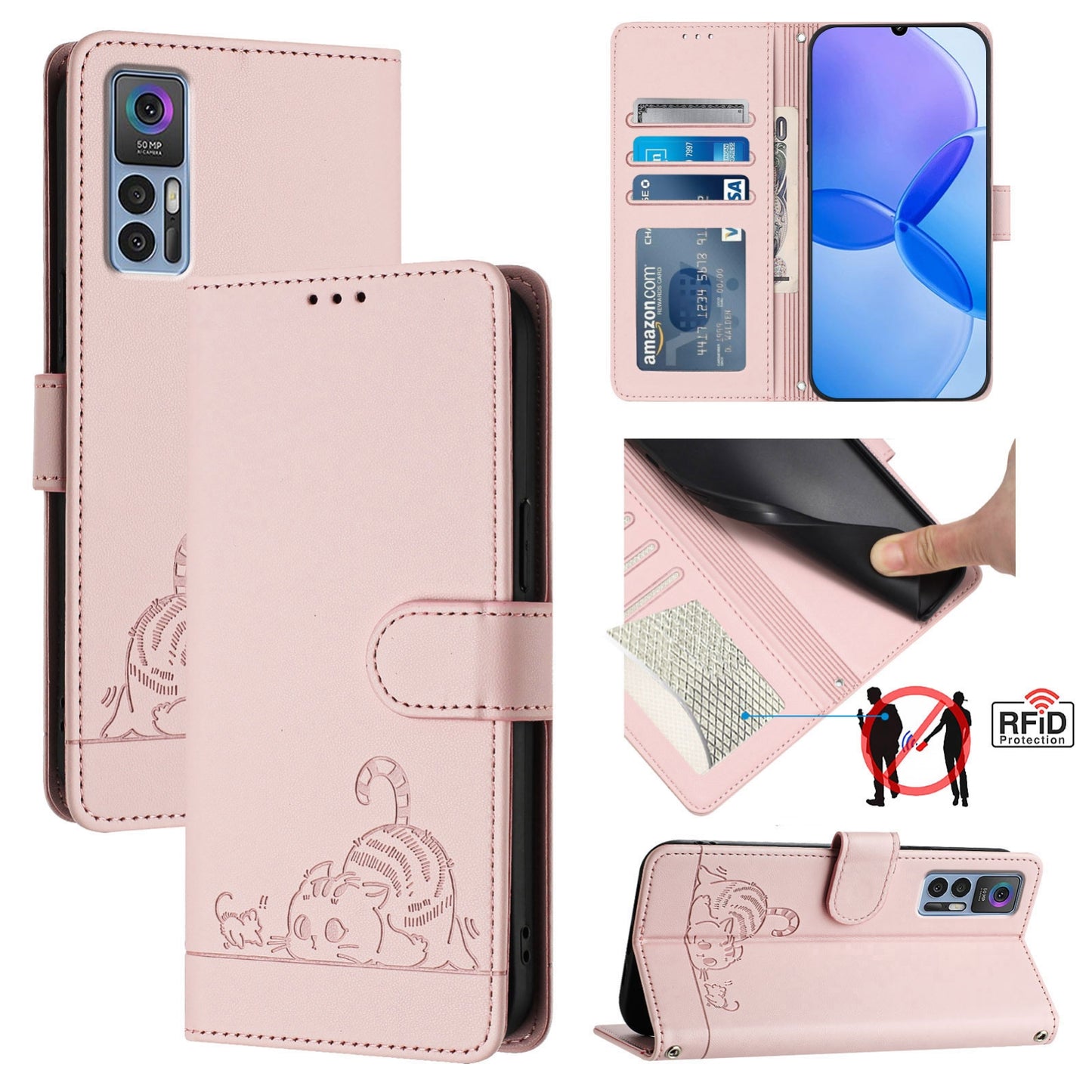 For TCL 30+ Cat and Rat Embossed Pattern, RFID Leather Phone Case with Lanyard, Kickstand, and Wallet Features