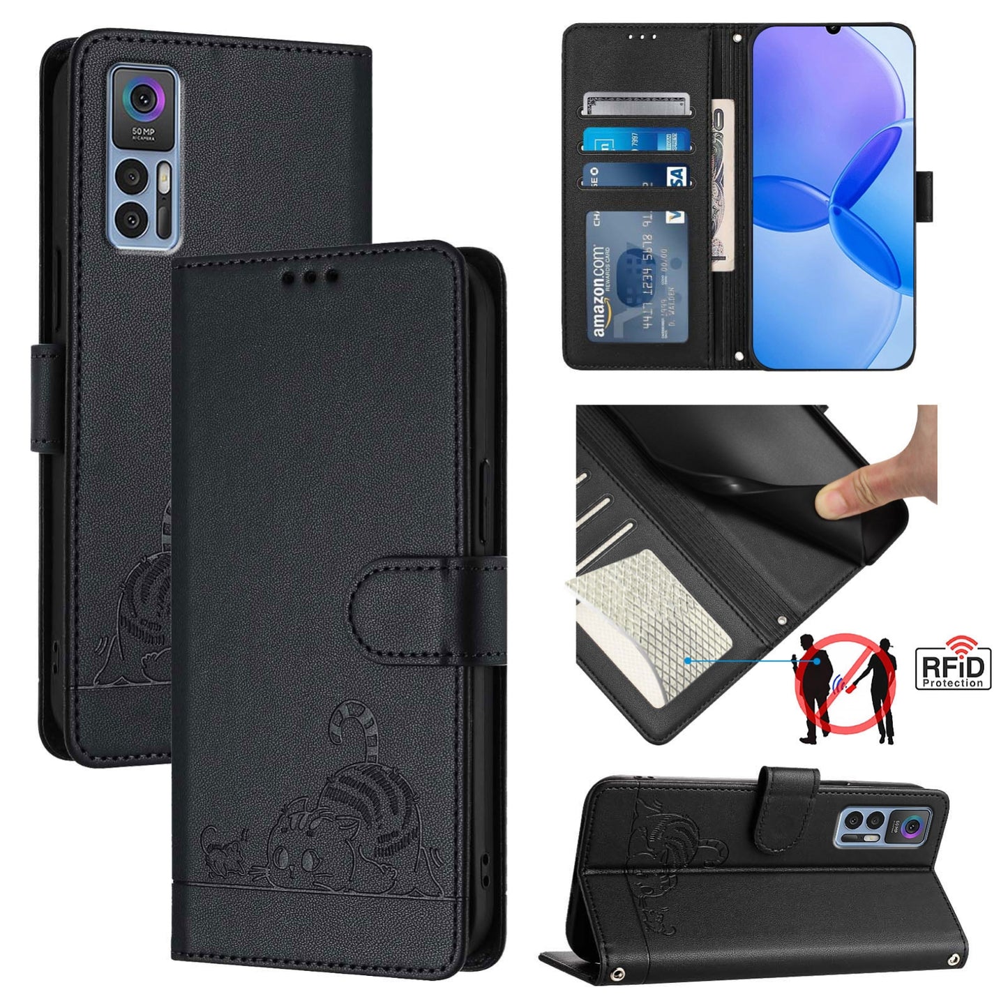 For TCL 30+ Cat and Rat Embossed Pattern, RFID Leather Phone Case with Lanyard, Kickstand, and Wallet Features
