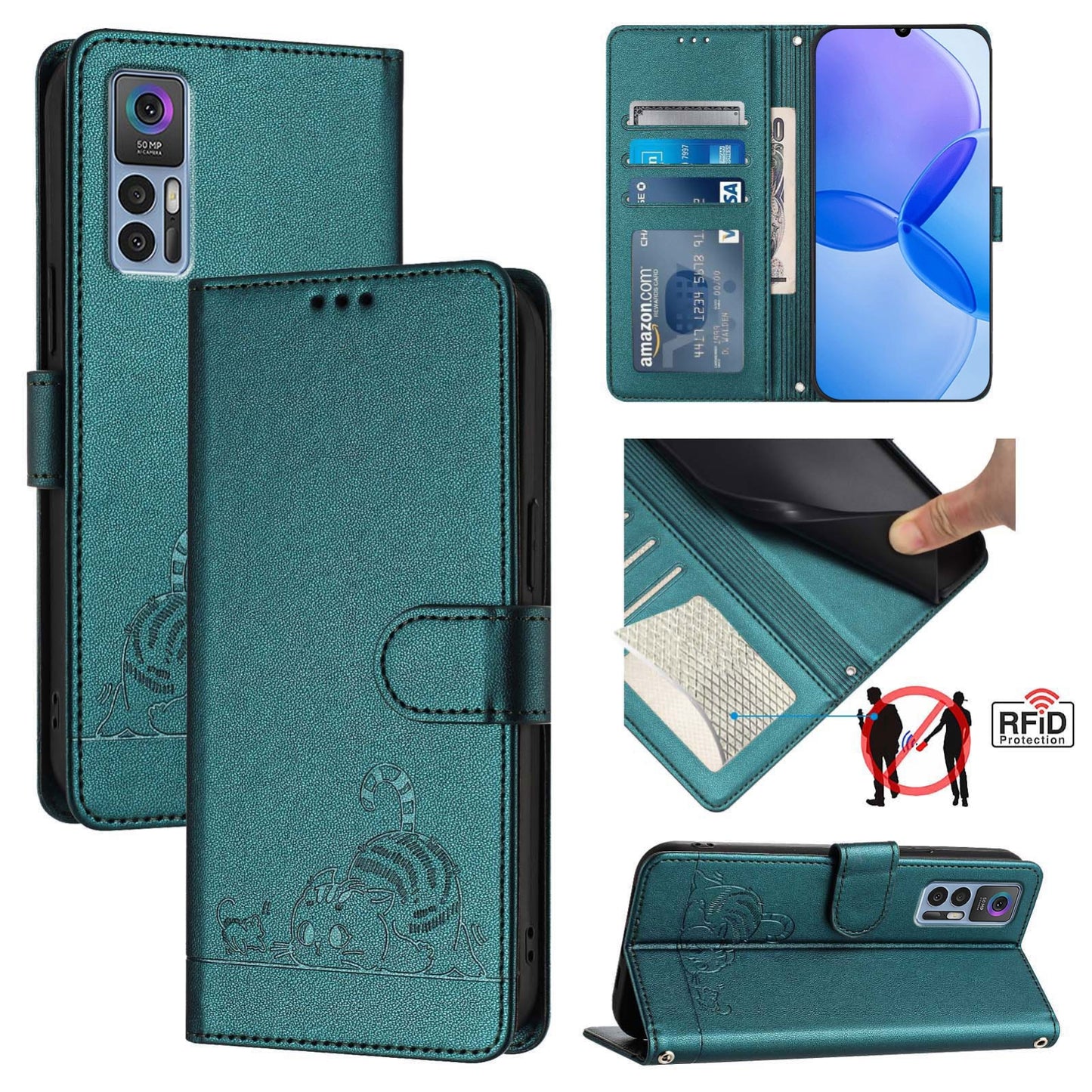 For TCL 30+ Cat and Rat Embossed Pattern, RFID Leather Phone Case with Lanyard, Kickstand, and Wallet Features