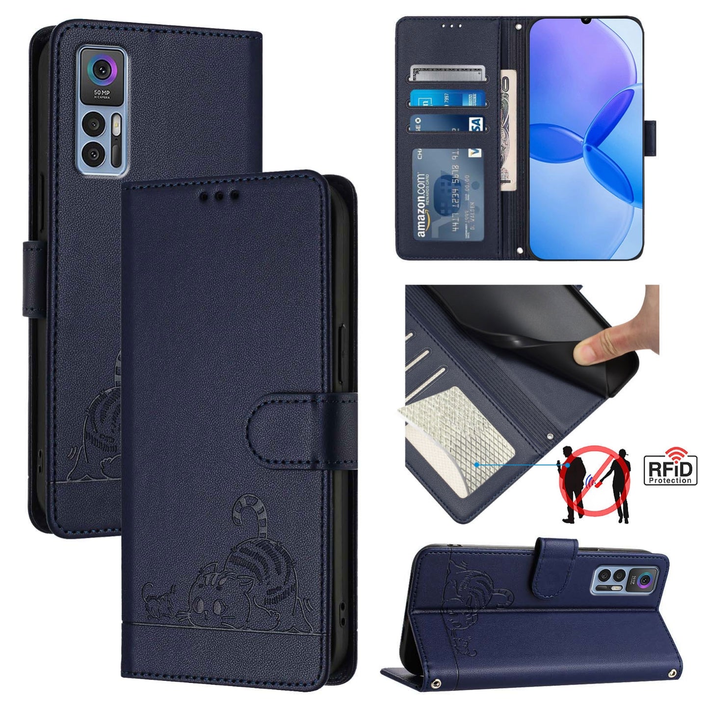 For TCL 30+ Cat and Rat Embossed Pattern, RFID Leather Phone Case with Lanyard, Kickstand, and Wallet Features
