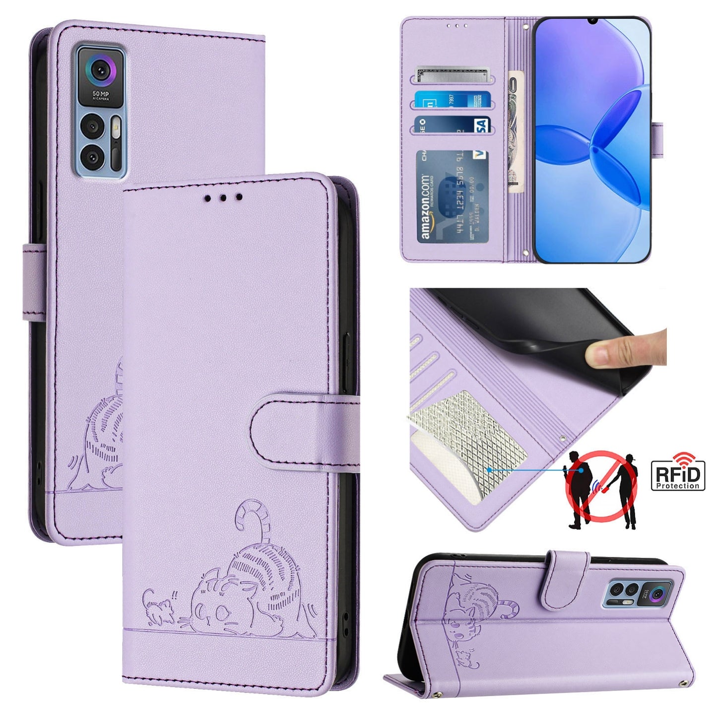 For TCL 30+ Cat and Rat Embossed Pattern, RFID Leather Phone Case with Lanyard, Kickstand, and Wallet Features