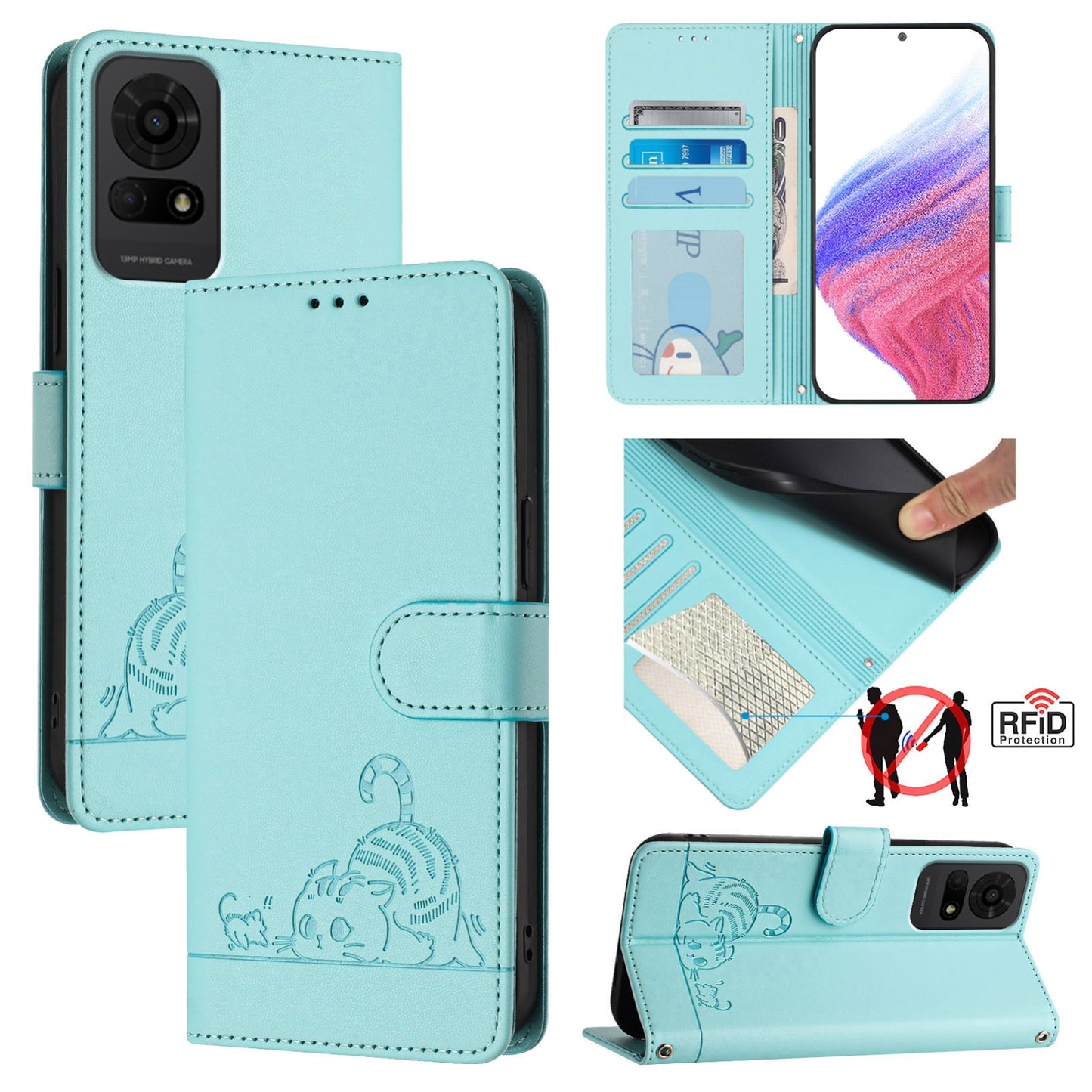For TCL 50 LE 5G Cat and Rat Embossed Pattern, RFID Leather Phone Case with Lanyard, Kickstand, and Wallet Features
