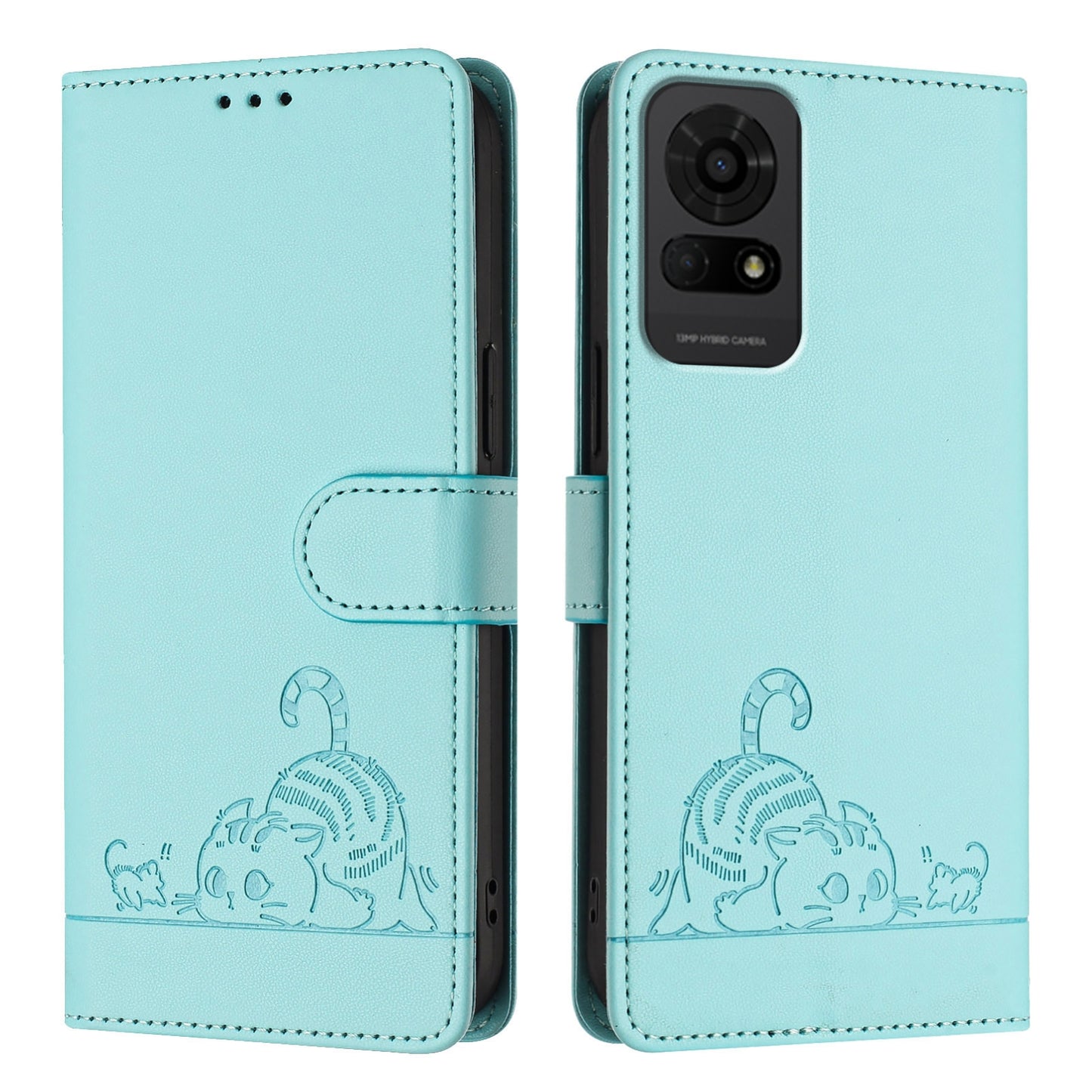For TCL 50 LE 5G Cat and Rat Embossed Pattern, RFID Leather Phone Case with Lanyard, Kickstand, and Wallet Features