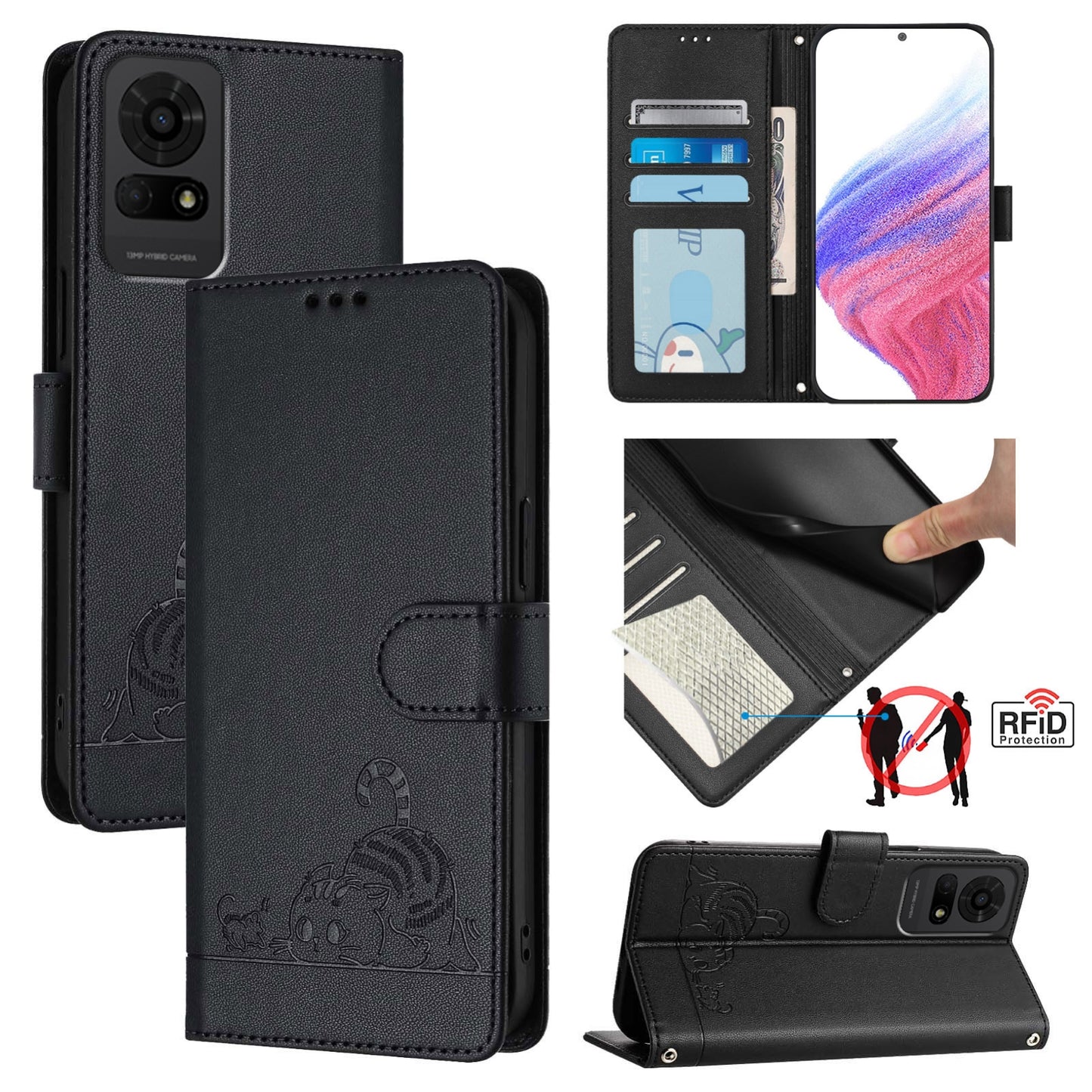 For TCL 50 LE 5G Cat and Rat Embossed Pattern, RFID Leather Phone Case with Lanyard, Kickstand, and Wallet Features