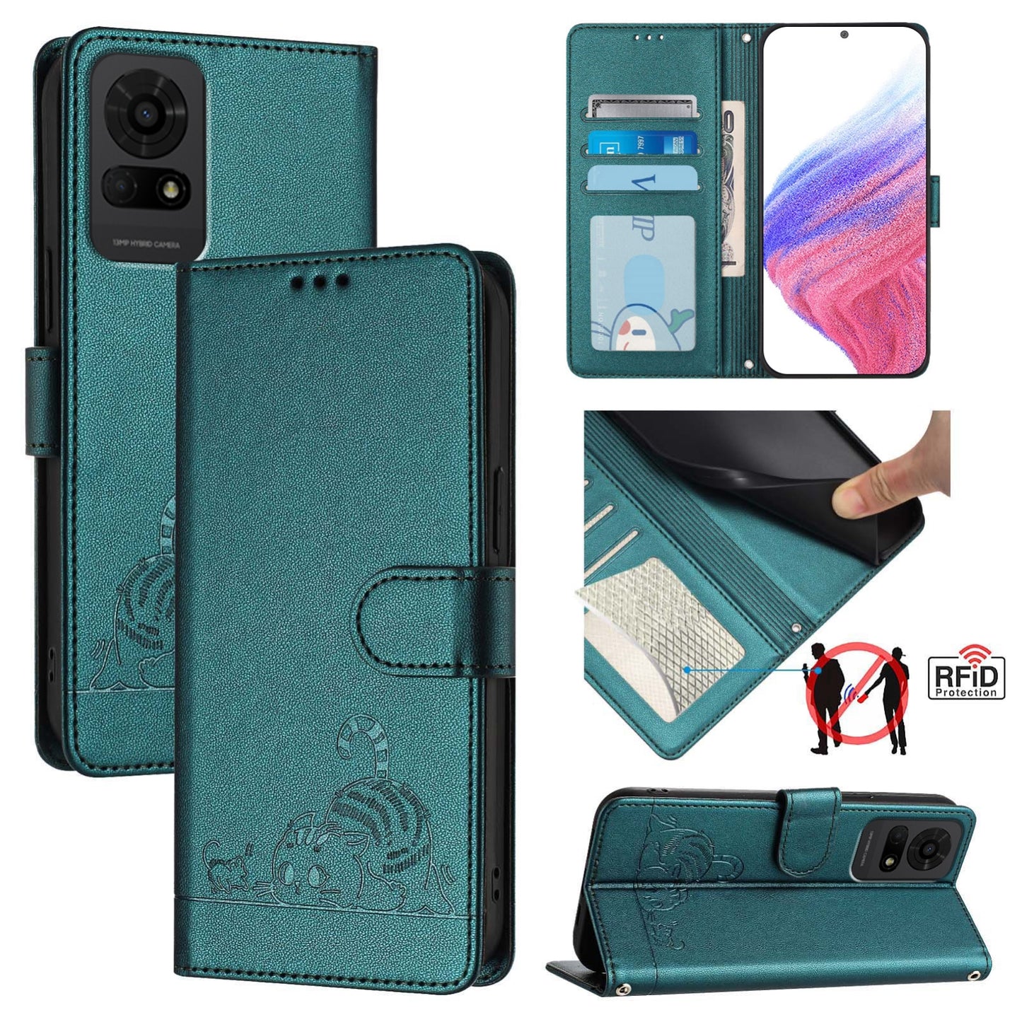 For TCL 50 LE 5G Cat and Rat Embossed Pattern, RFID Leather Phone Case with Lanyard, Kickstand, and Wallet Features
