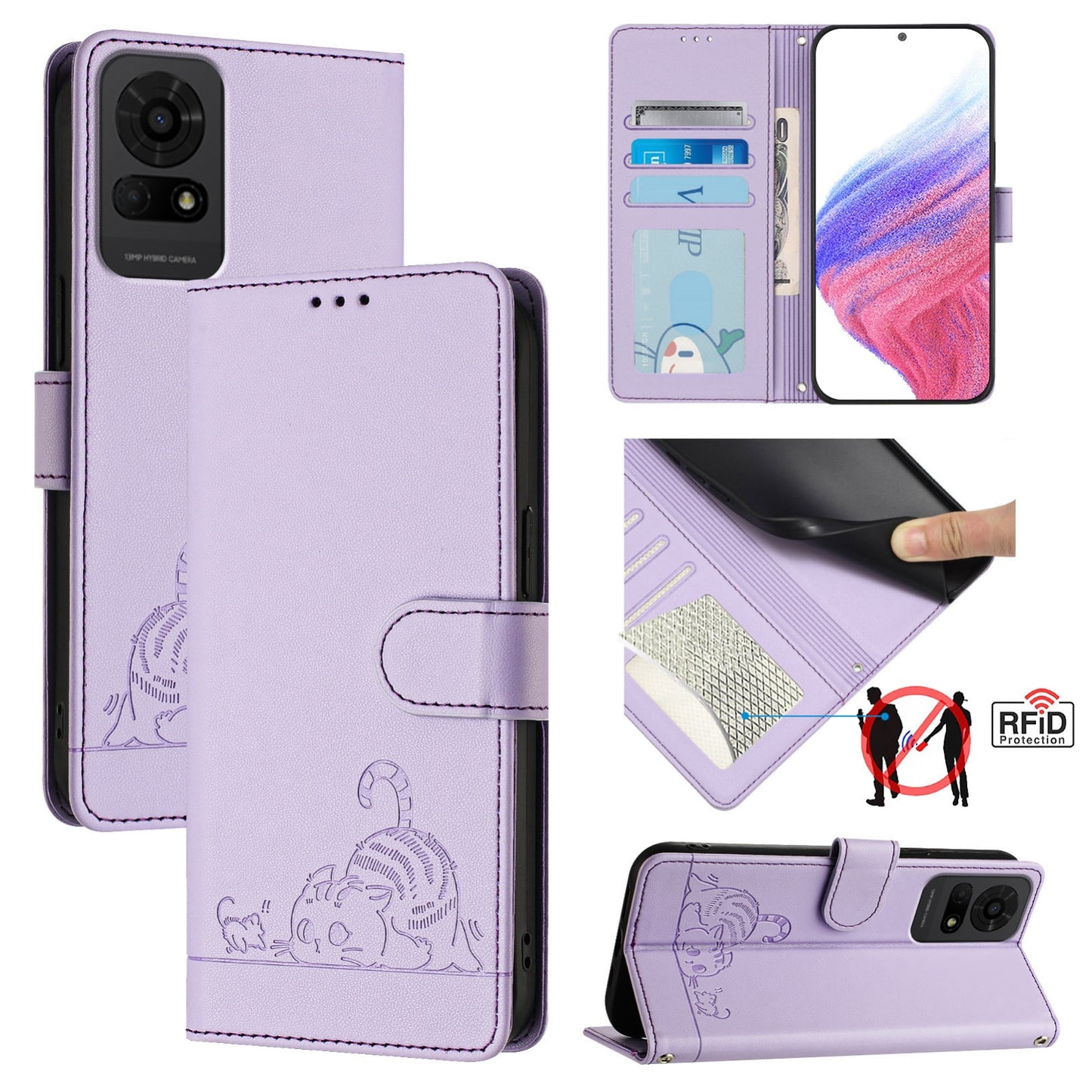 For TCL 50 LE 5G Cat and Rat Embossed Pattern, RFID Leather Phone Case with Lanyard, Kickstand, and Wallet Features