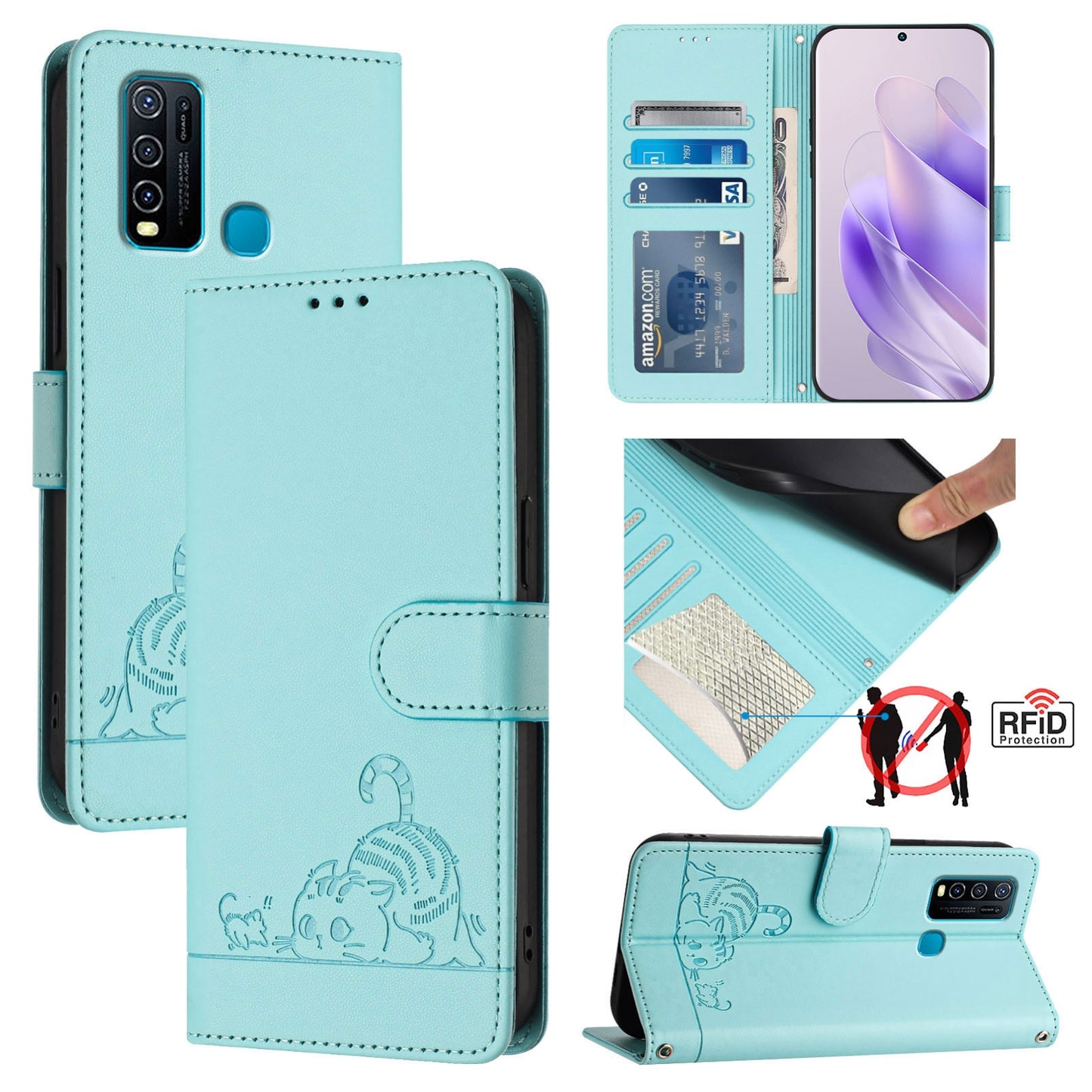 For vivo Y30 4G Global Cat and Rat Embossed Pattern, RFID Leather Phone Case with Lanyard, Kickstand, and Wallet Features